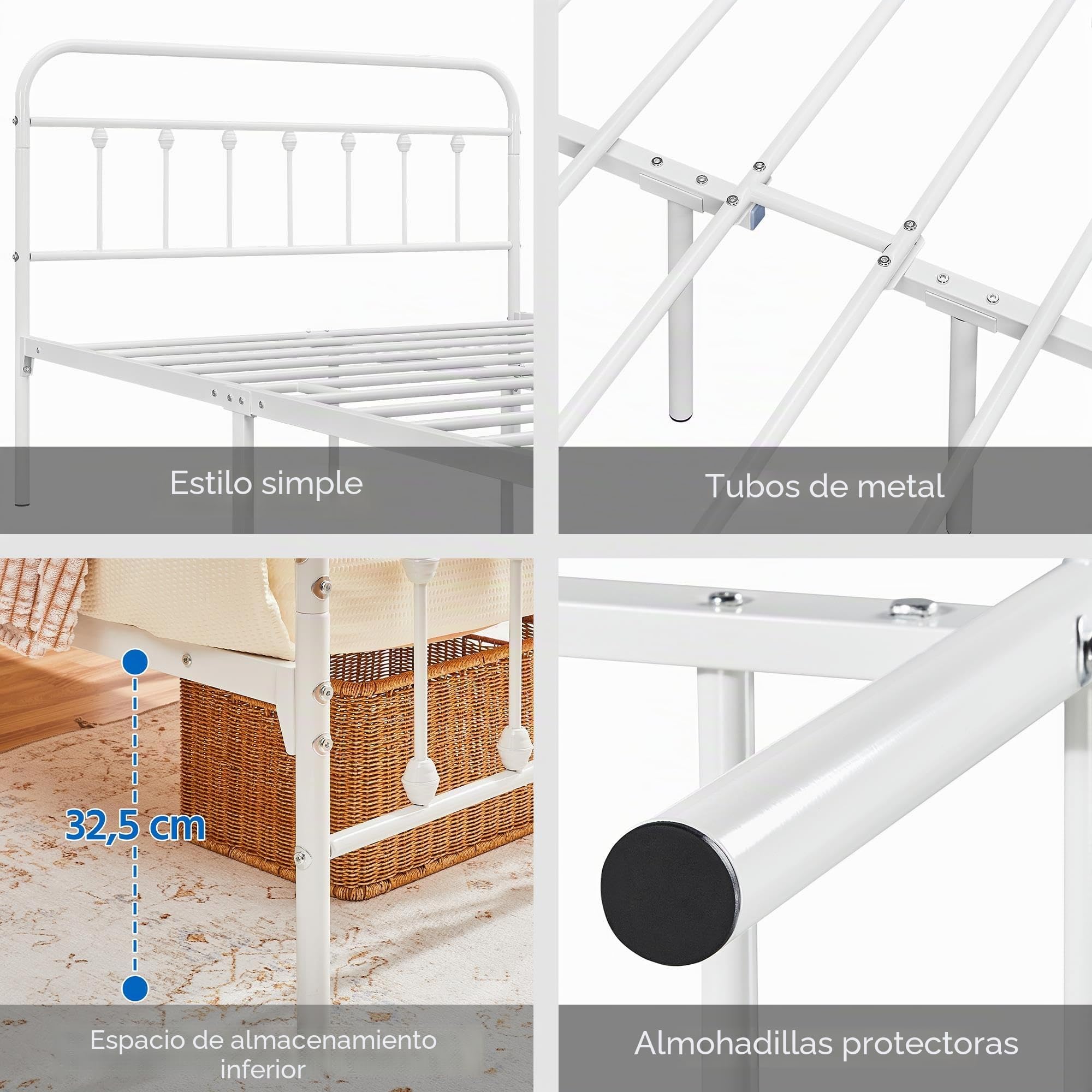 Yaheetech Cama Doble de Metal Marco Metal Cama Blanca Sencilla Cama Hierro Estructura de Cama para Colchón 140X200cm