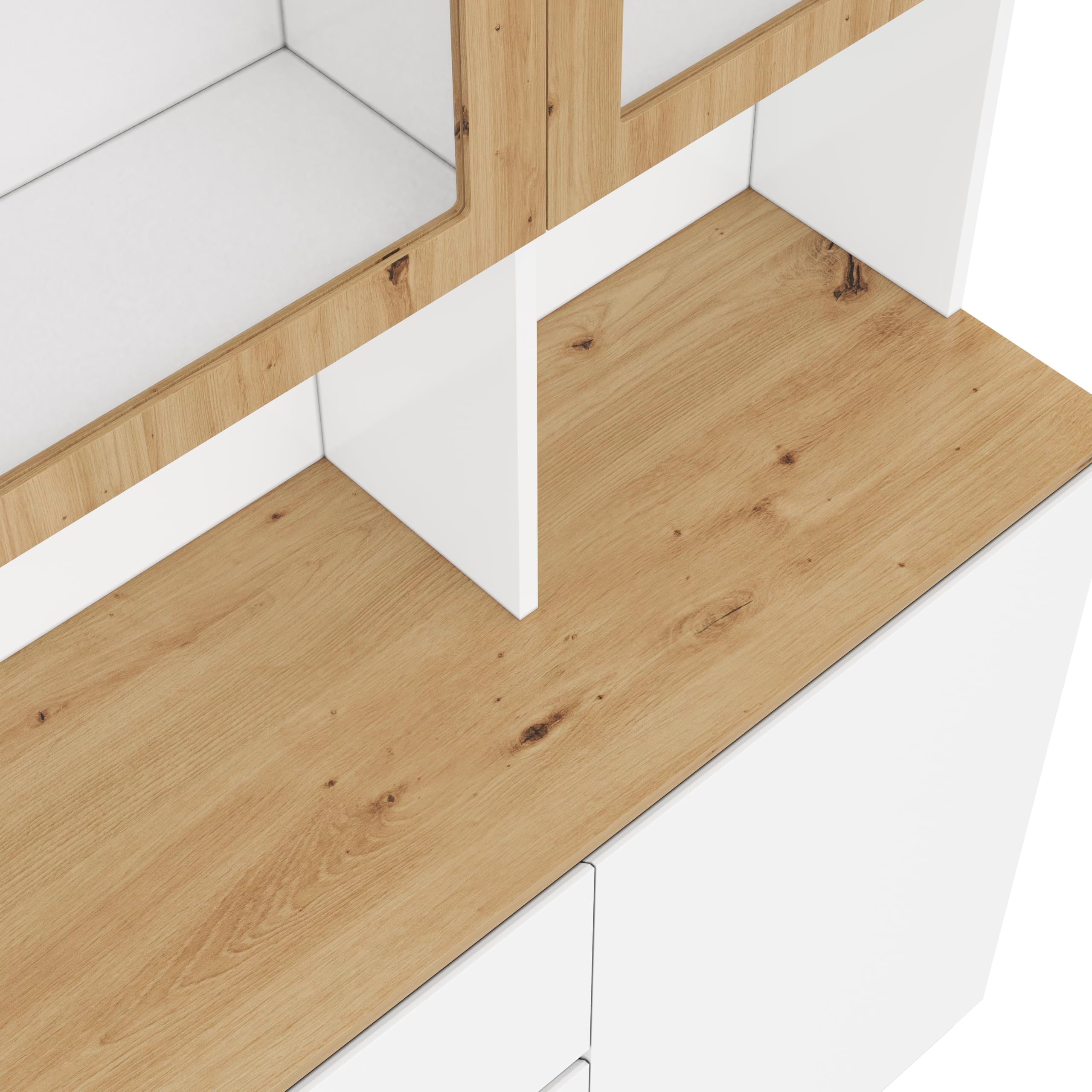 Merax Vitrine Hochschrank mit LED 120×24,5×200 cm, Glasvitrine mit 3 Schubladen und Tür, offenes Fach mit Kabelmanagement, Standmöbel für Wohnzimmer Esszimmer Küche, Weiß+Holzfarbe