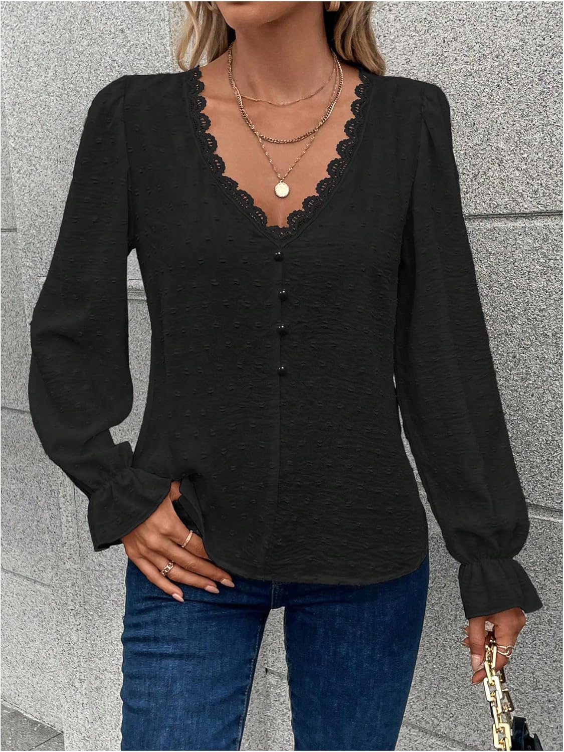 WDIRARA Women's Swiss Dots Lace Trim Blouse V Neck Long Sleeve Top - Image 5