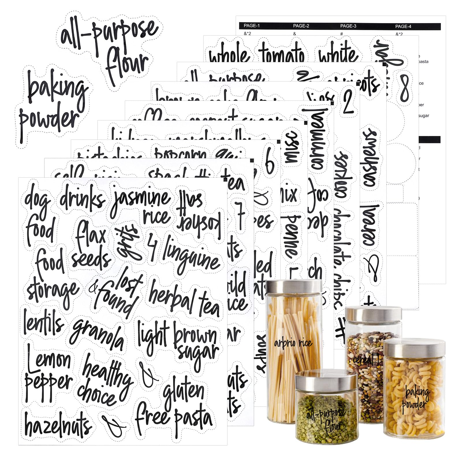 170PCS Food Pantry Labels, Kitchen Container Storage Labels, Kitchen Pantry Label for Food Containers, Preprinted Black Script Vinyl Stickers for Organization Canisters, Jars, Boxes and Bottles