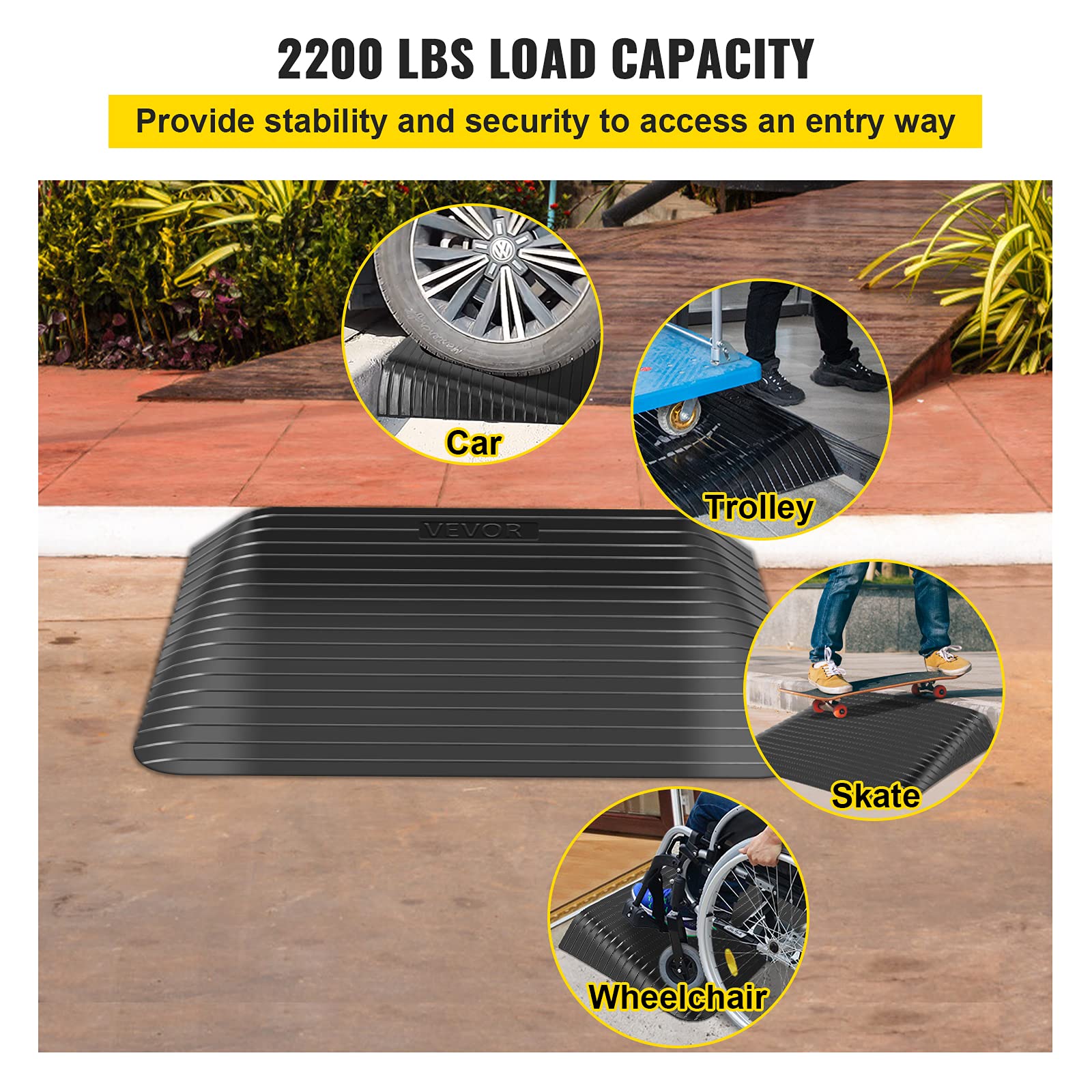 VEVOR Rubber Threshold Ramp, 3.5" Rise Threshold Ramp Doorway, Recycled Rubber Power Threshold Ramp Rated 2200Lbs Load Capacity, Non-Slip Surface Rubber Solid Threshold Ramp for Wheelchair and Scooter