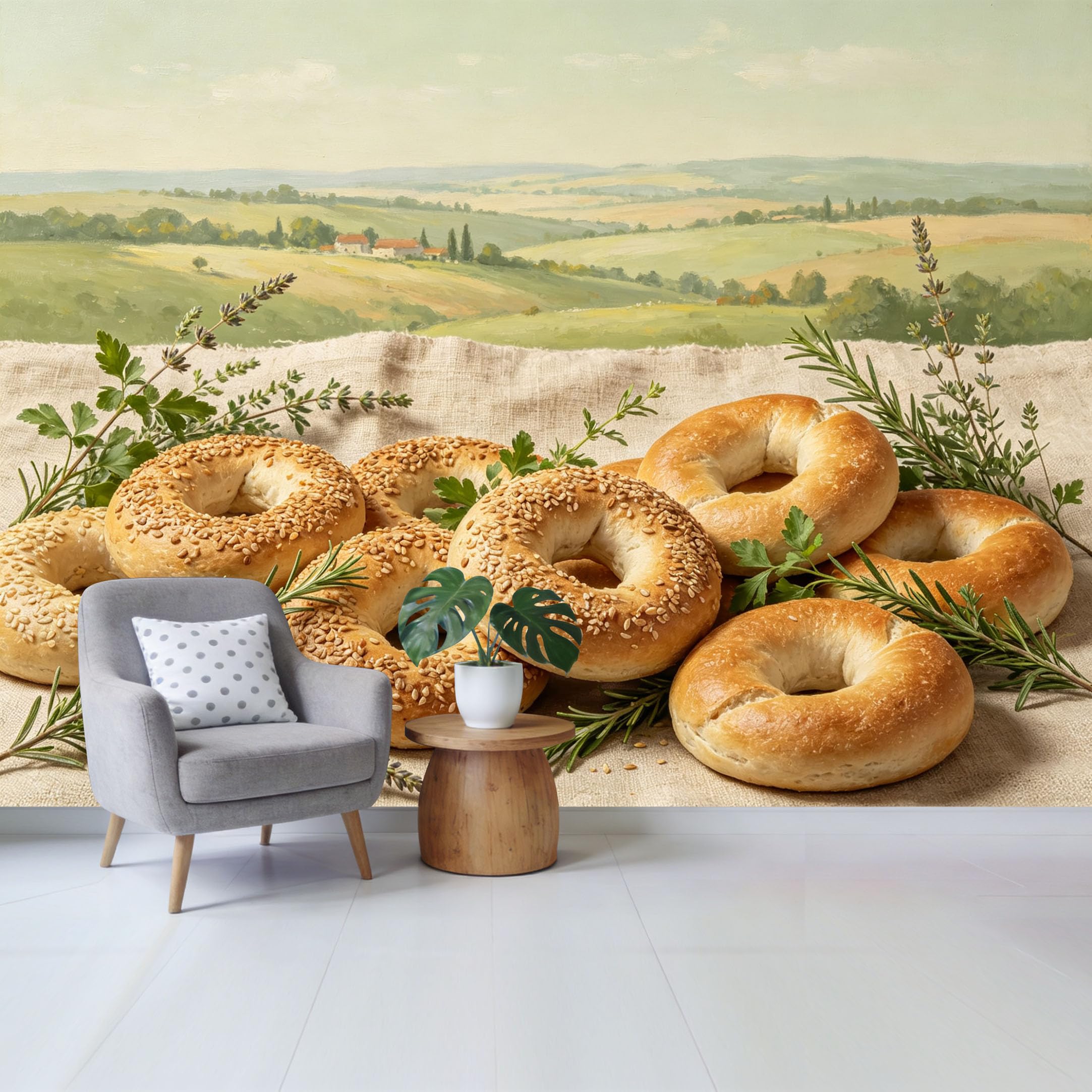 Qzlithotic Yq2605250526 Custom Size Wall Mural Tuscan Landscape Oil Painting Sesame Bagels Culinary Art Selfadhesive Wall Fabric Removable Wallpaper For Home Office Decor