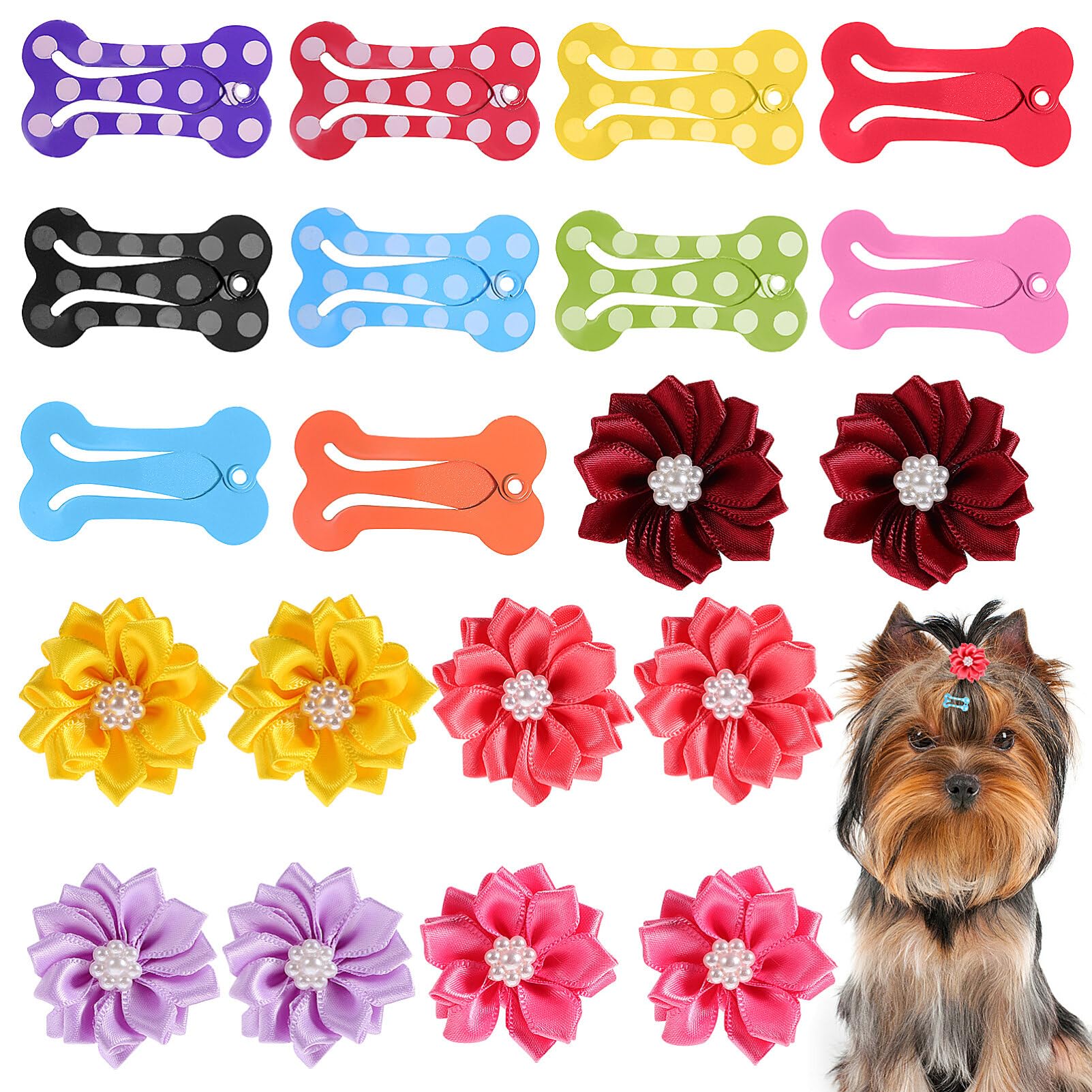 Ipetboom 20Pcs Dog Hair Bows and Dog Hair Clips, Dog Bows Flower Bows for Dogs Shape Dog Hair Clip Dog Tiara for Girls Dog Hair Accessories, Random Color