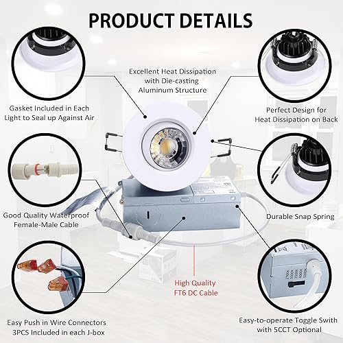 Miniatura 4 de Foco giratorio de cardán empotrado sin canless de 5 CCT de 3 pulgadas, lámpara de techo de globo ocular de 3 pulgadas, luces empotrables regulables