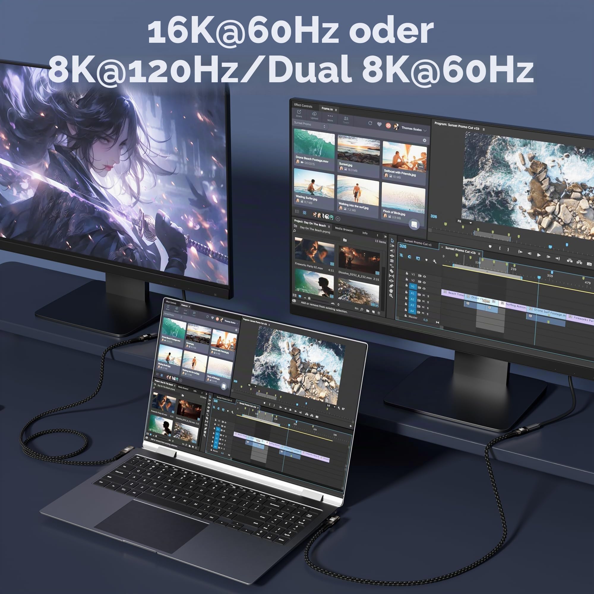 langes USB5 Kabel Winkelkabel 90 Grad 3 m,USB-C Kabel 80Gbps Datenübertragung Kompatibel mit Thunderbolt 5/4,USB typ c ladekabel 240W,16K@60Hz/8K@120Hz Videoübertragung für Display,SSD,Laptop