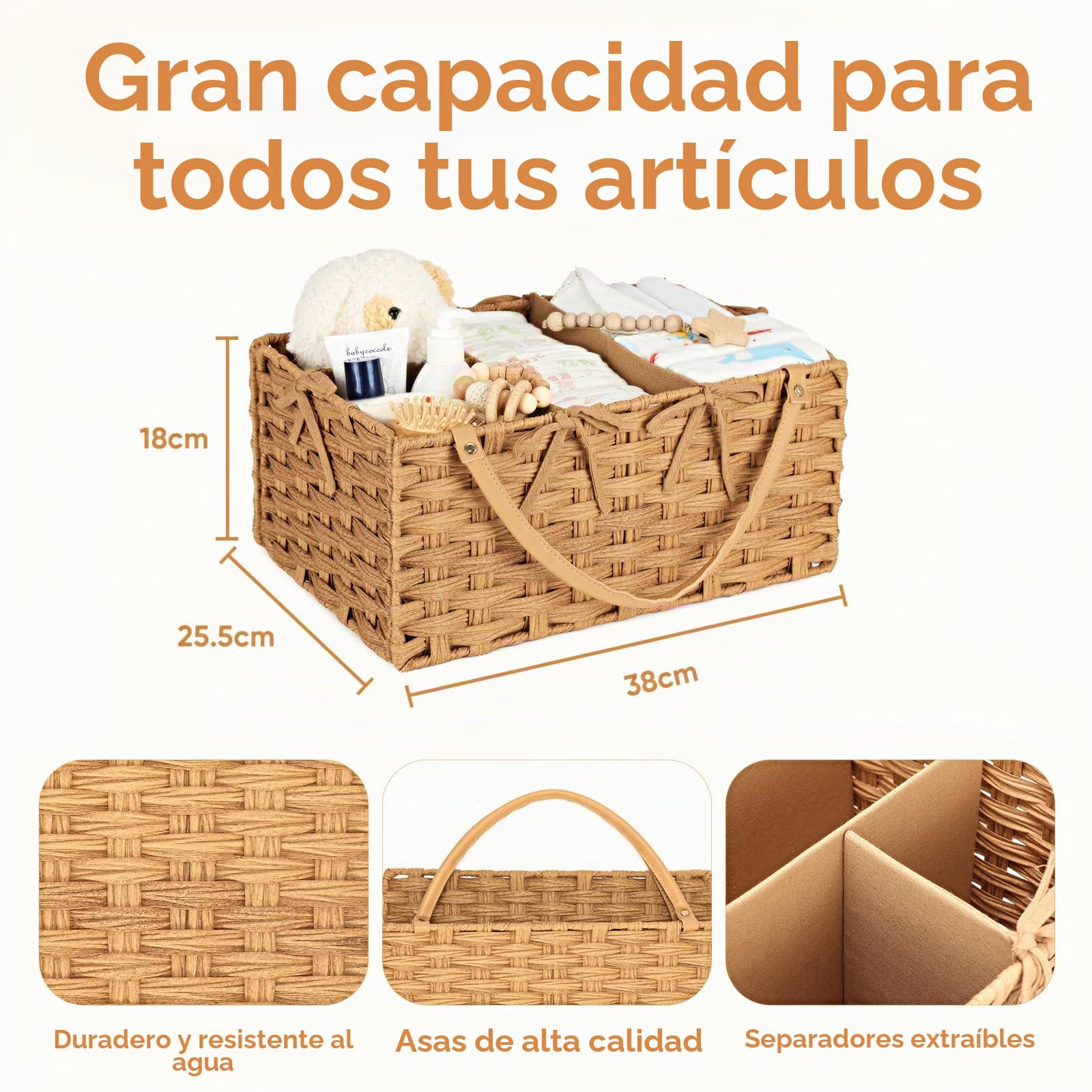 Organizador de Pañales, Cesta de Ratán PE Tejida a Mano para Bebé, Almacenamiento de Artículos de Bebé