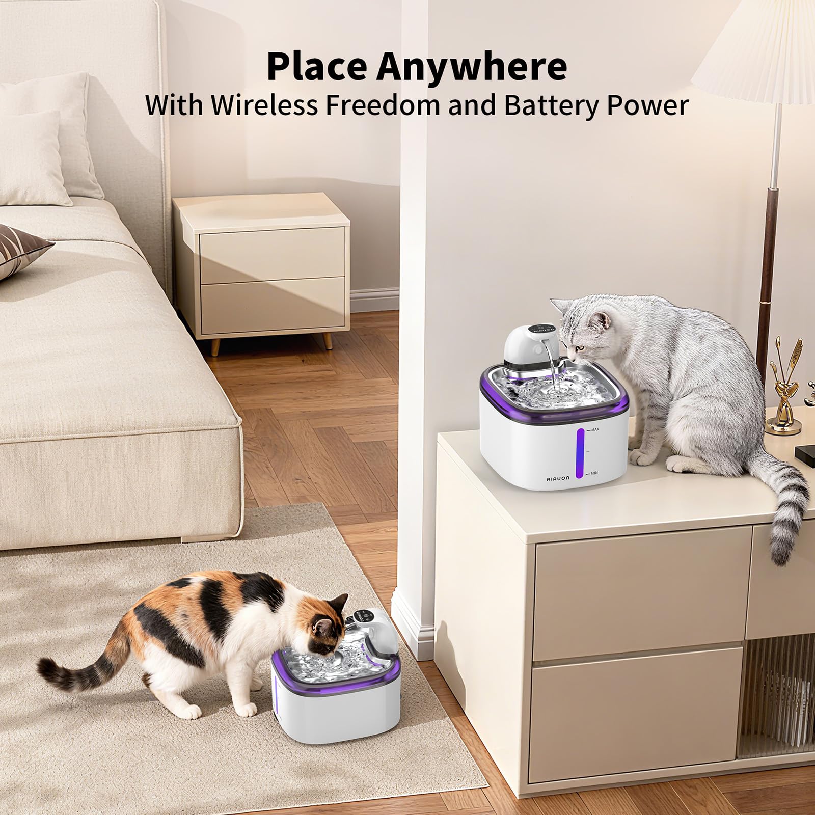 Cat Water Fountain Cordless 118oz/3.5L Wireless & Battery Operated Pet Water Fountain for Indoor Cats, Stainless Steel Tray with Sensor & Timer Modes, Ultra-Quiet, BPA-Free & Easy-to-Clean