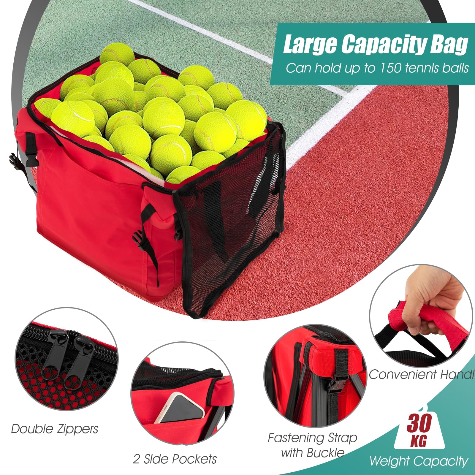 LIFEZEAL Panier à Balles de Tennis avec roulettes, Pliable avec Sac de Transport, pour Adultes, Accessoires d'Entraînement pour 150 Balles de Tennis