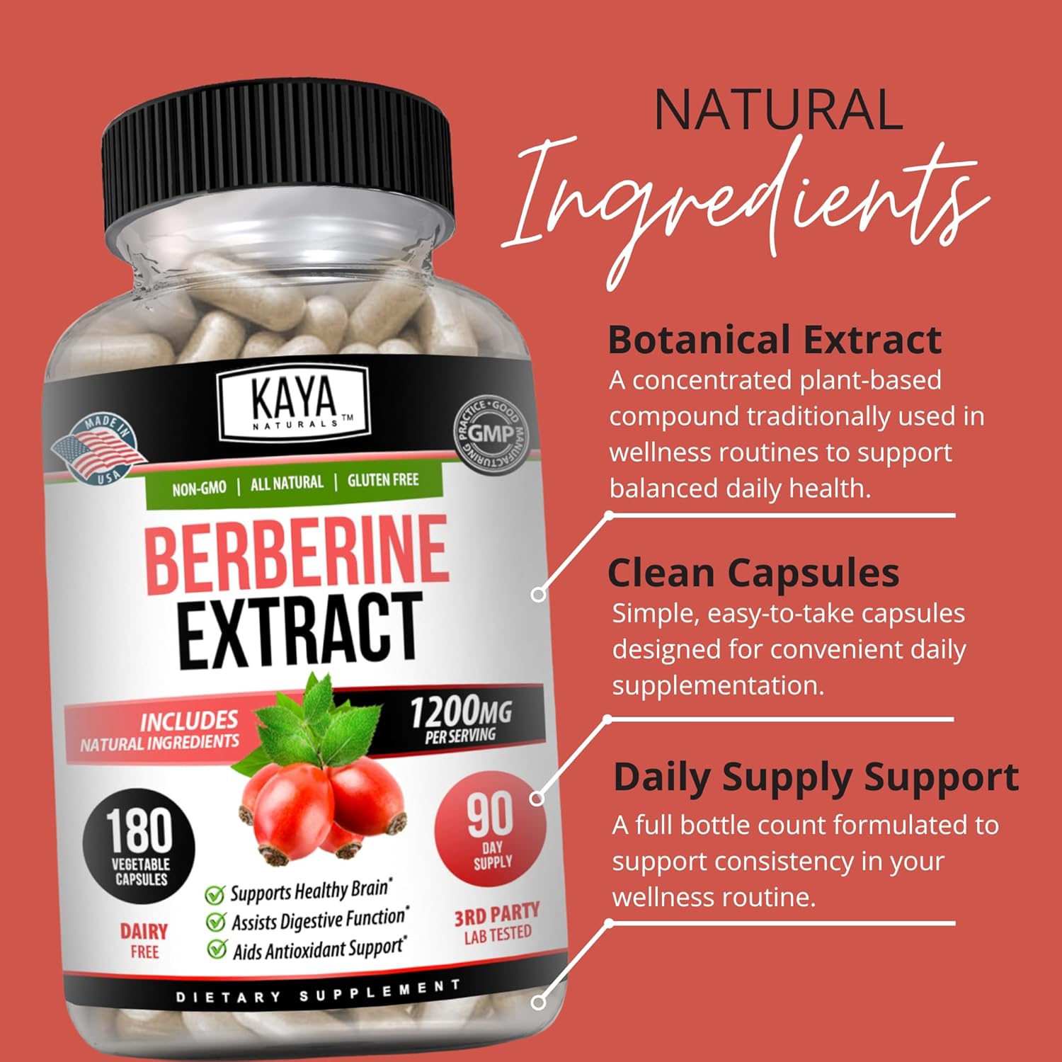 Kaya Naturals Berberine HCL Extract 1200mg - Immune System - Gluco Levels - Gut Health (Vegetarian, Non-GMO & Gluten-Free) Berberine Supplement (180 Count (Pack of 1))