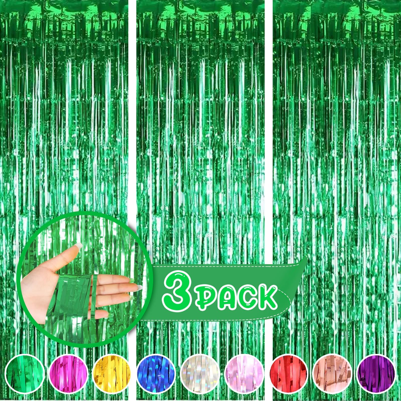 Green Curtains for Party Decorations, 3 Pack 3.2ft x 8.2ft Green Streamers, Birthday Decorations Football Party Decorations Jungle Party Decorations, Green Backdrop Photo Booth Props Party Supplies