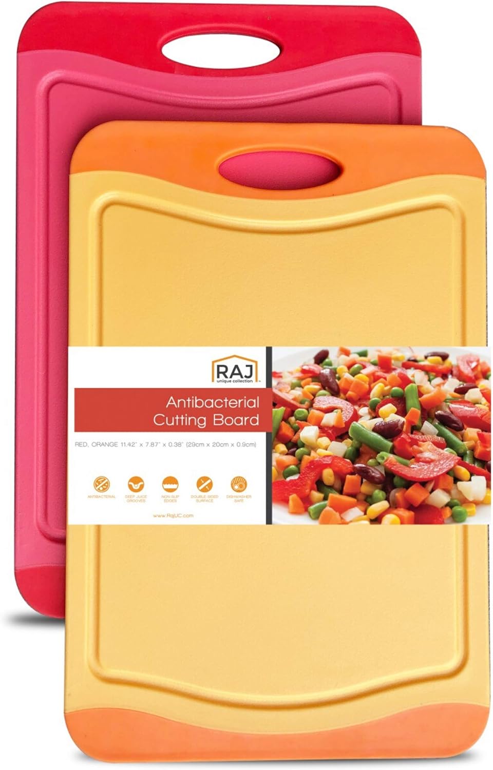 Raj Plastic Cutting Board Reversible Cutting board, Dishwasher Safe, Chopping Boards, Juice Groove, Large Handle, Non-Slip, BPA Free (Small, Crimson Red & Orange)