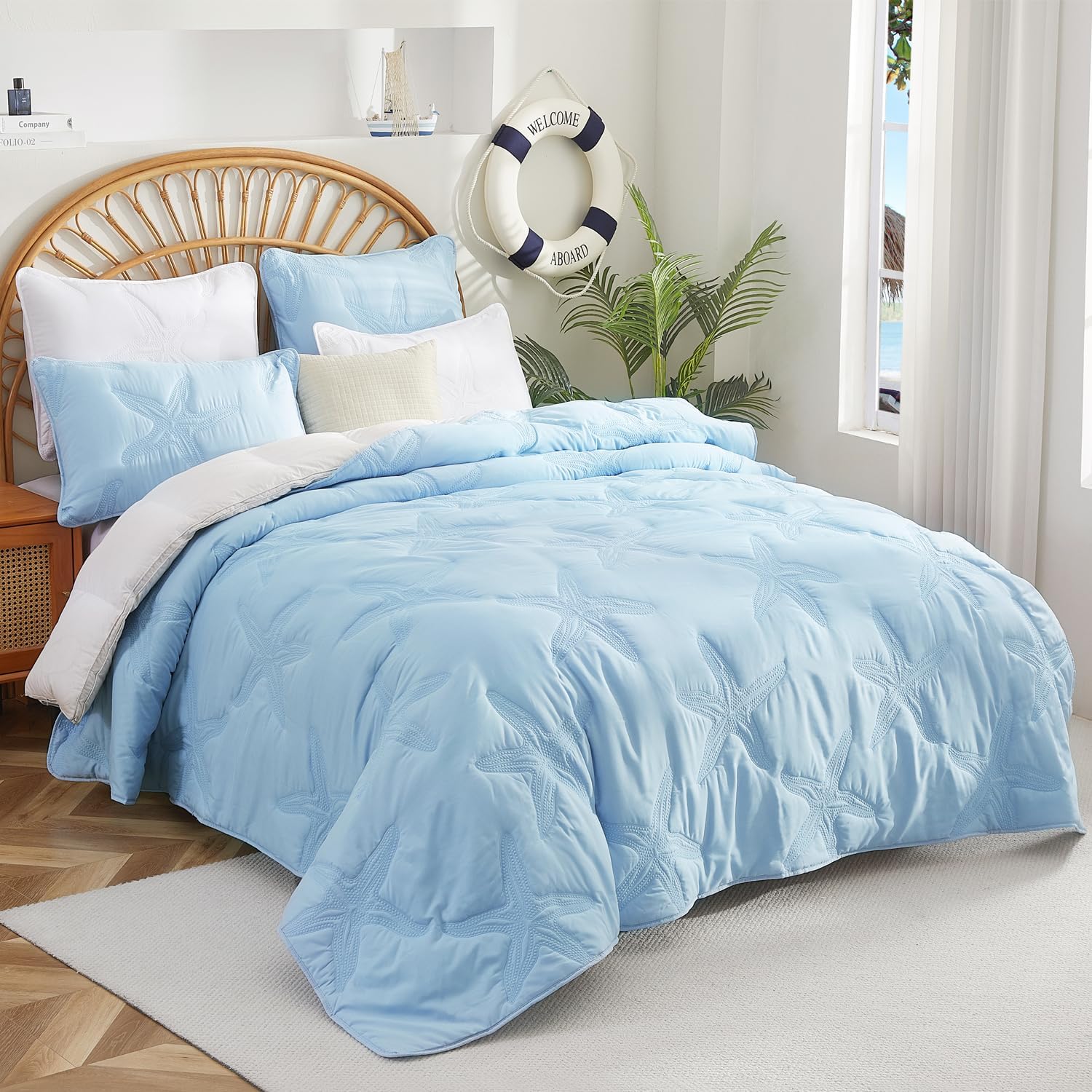 EVENHUG Coastal Quilt Sets King Size Summer Soft Lightweight Beach Bedding Set with Pillow Shams Nautical Bedspread Coverlet for All Season (Blue 102''x92'')