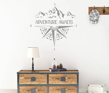 Compass Wall Decals Adventure Awaits Wall Stickers Mountains Home Interior Stickers Vinyl Wall Decor for Bedroom Living Room Y46 Grey