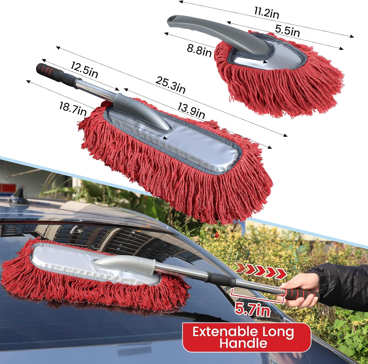 IPELY 2 Pack Large Car Duster Exterior Scratch Free with Extendable Handle and Car Duster Interior, Wax Cotton Hair Dusters (Red) - Image 5