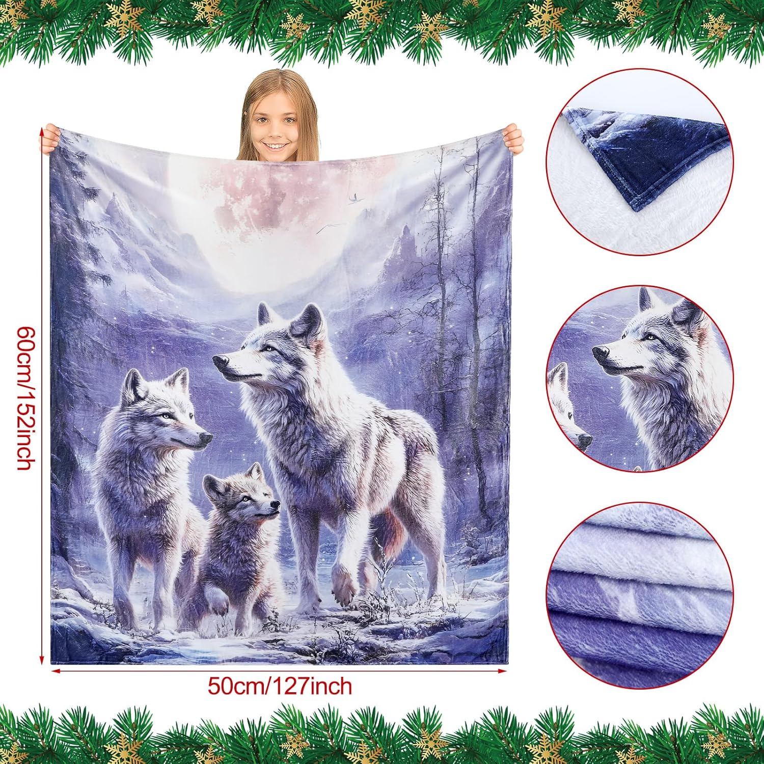 Patelai 4 Pcs Christmas Wolf Gifts Set Include1 Flannel Blankets Throws 1 Stainless Steel Insulated Tumbler 1 Funny Socks 1 Wood Ornament Wolf Lovers Gifts for Teen Girls Women