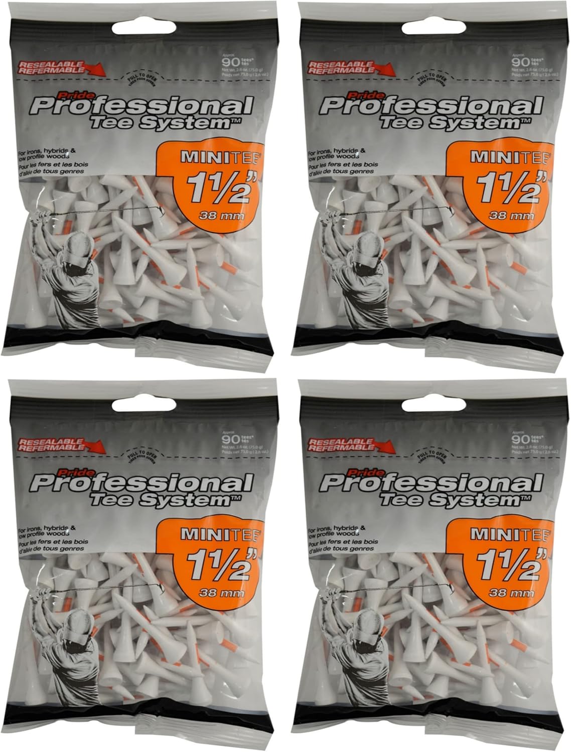 Pride Professional Tee System Minitee 1 ½" Golf Tees, 90 Count (Pack of 4)