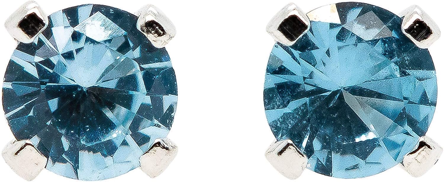 Tiny Birthstone Gemstone Post Stud Earrings in Sterling Silver | Multiple Color Choices & Sizes | Birthday Earrings for Women (3mm, December | Blue Zircon)