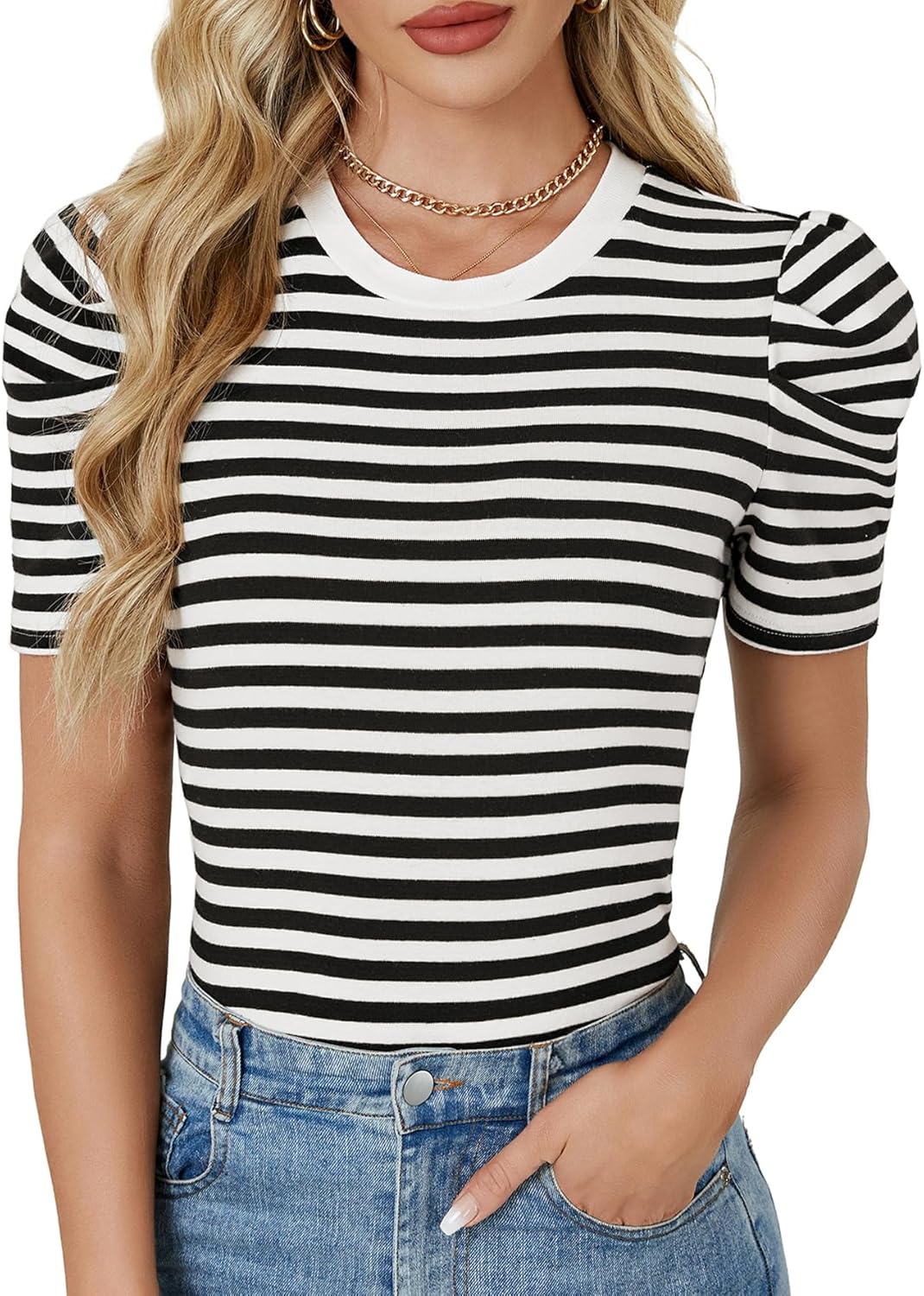 LYANER Women's Short Puff Sleeve Cotton Tops Crew Neck Striped Shirt Blouse Trendy Going Out Tops - Image 2