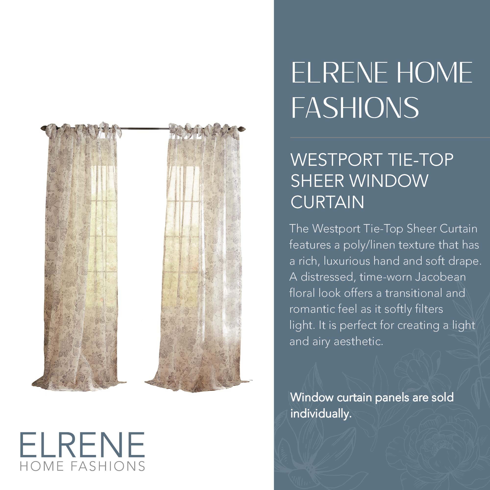Elrene Floral Cottagecore Tie-Top Sheer Window Curtain Panel, Poly-Linen Blend, Grey, 52" W x 84" L (Pack of 1) - Image 2