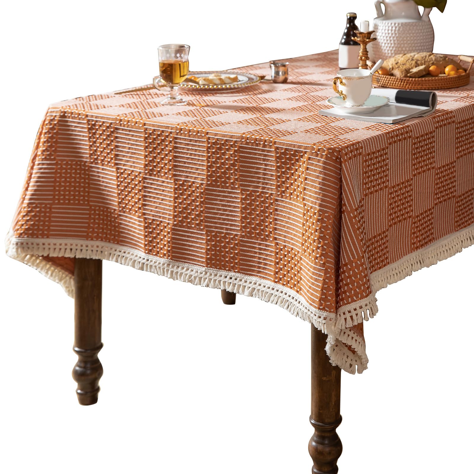 Textured Linen Look Table Protectors Fringed Border Stain Resistant Tablecloth for Kitchen Counter Coffee Table Decors Minimalists Covers