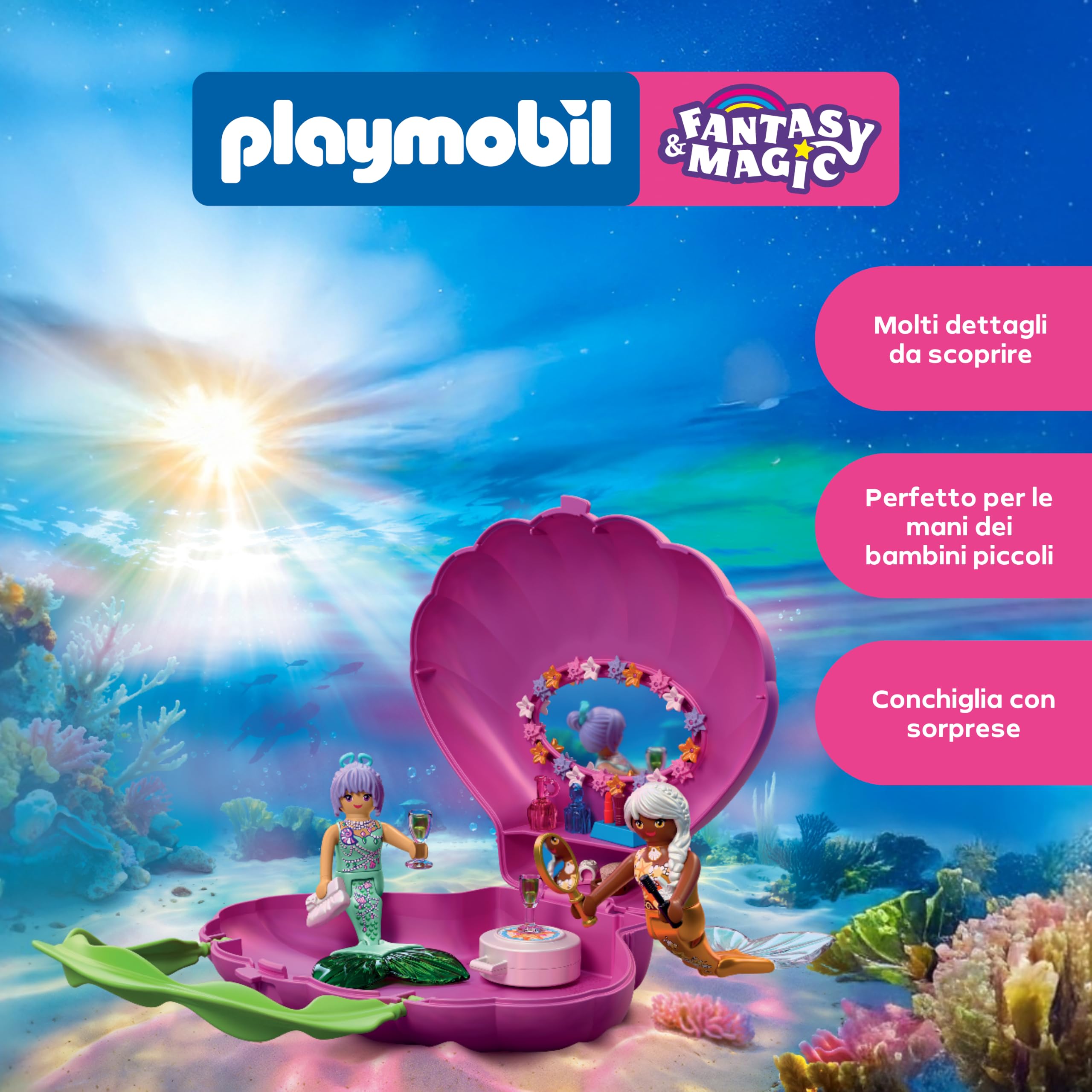 PLAYMOBIL | Fantasia e magia | Borsa a forma di conchiglia – sirene | Borsa portatile con 2 sirene | Giocattolo per bambini dai 4 anni in su | 72105