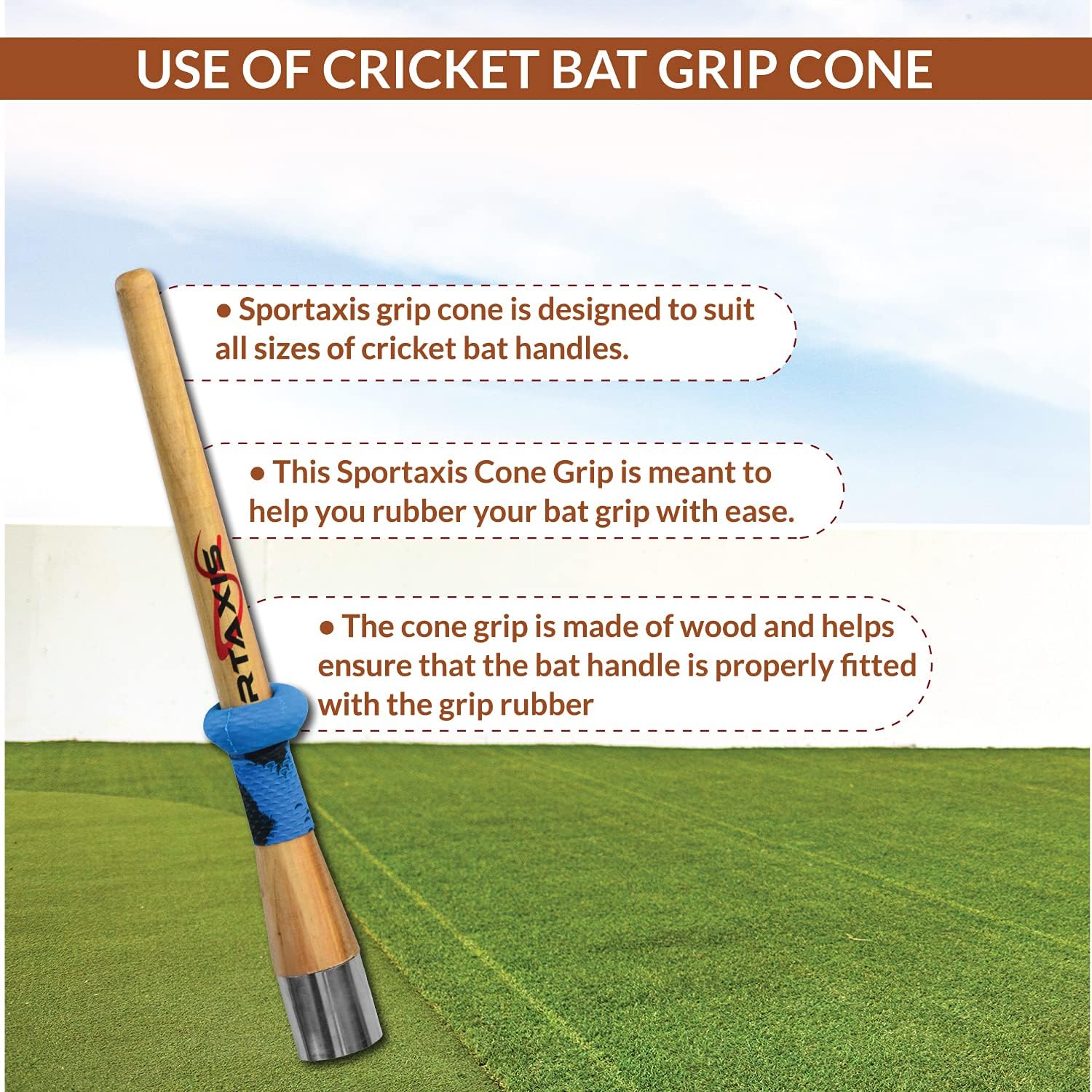 SPORTAXIS Wooden Cricket Bat Grip Cone/Handle Grip Applicator and Bat