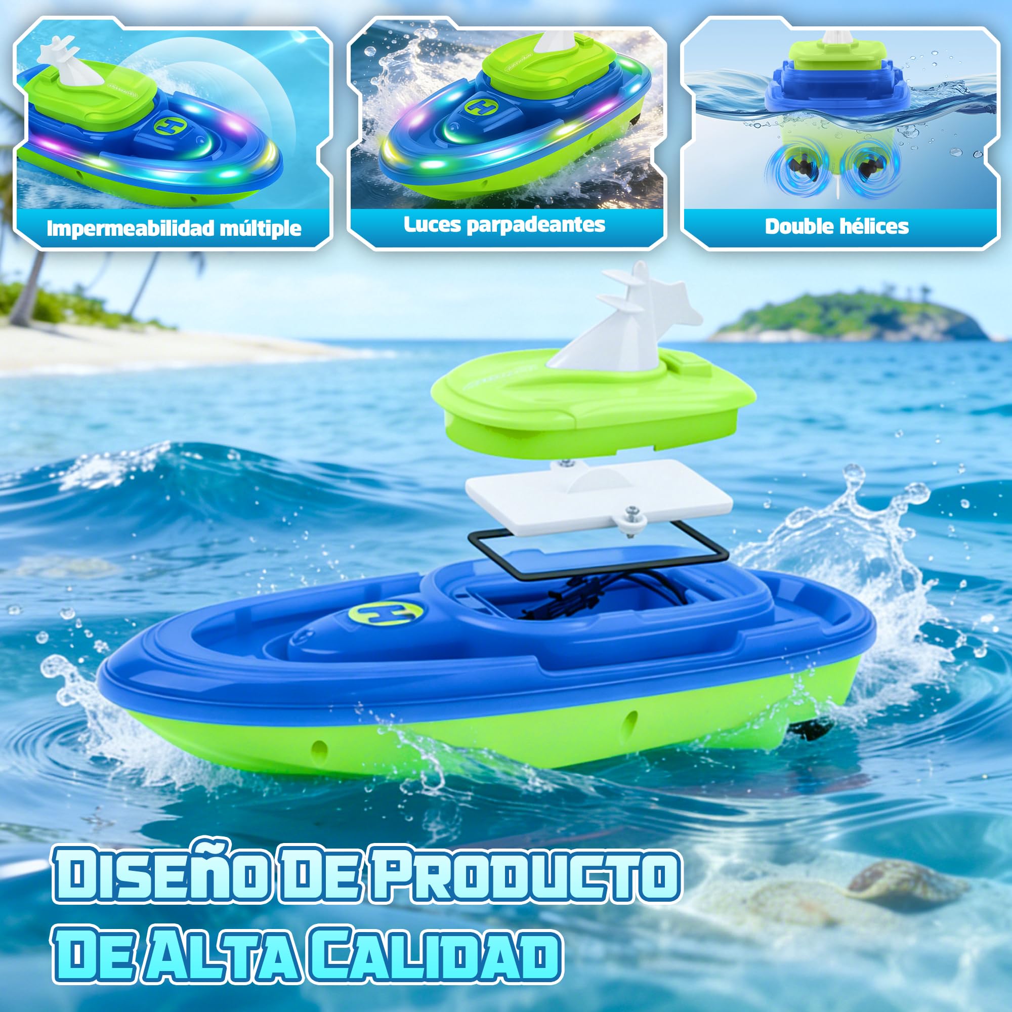 FORMIZON Submarino Teledirigido, Barco Teledirigido con Pulverizador de Agua, Barco RC con Luces y Resistentes al Agua Lancha Teledirigida Niños con Función de Piloto Automático (Azul)