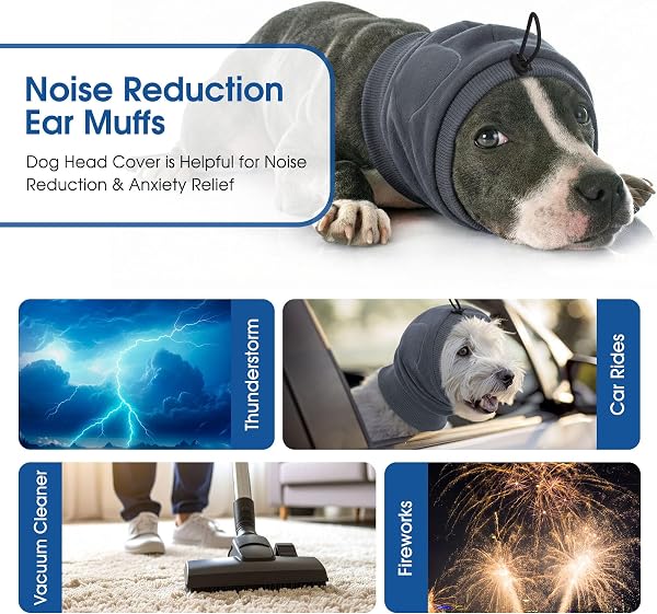 No Shake Ear Wraps for Dogs, Adjustable Dog Ear Cover with SoundProof Pads, Anxiety Relief Pet Ear Muffs Noise Protection Dog Calming Hoodie for Hematoma, Grooming, Fireworks, Thunder, Grey L - 2