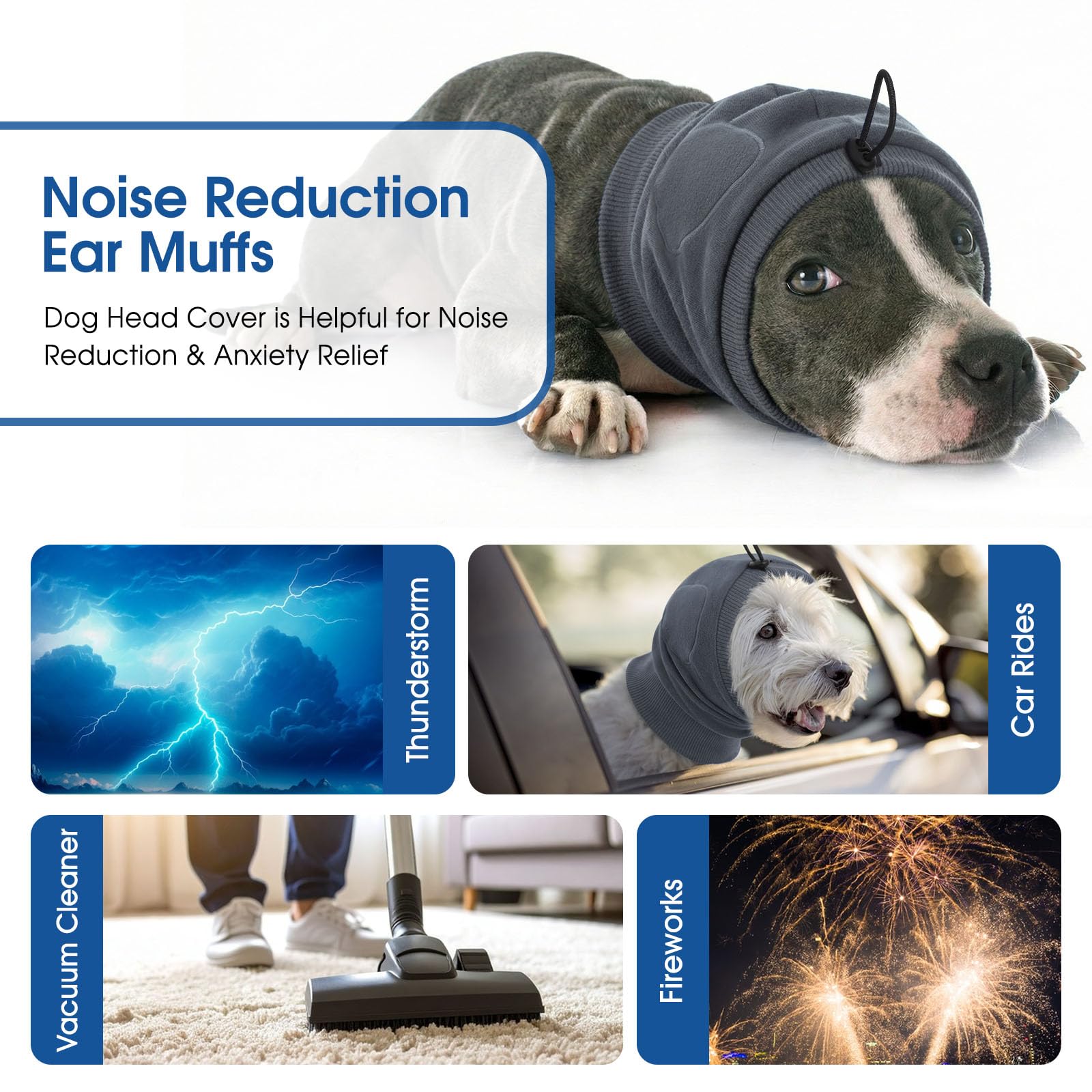 No Shake Ear Wraps for Dogs, Adjustable Dog Ear Cover with SoundProof Pads, Anxiety Relief Pet Ear Muffs Noise Protection Dog Calming Hoodie for Hematoma, Grooming, Fireworks, Thunder, Grey L — view 2