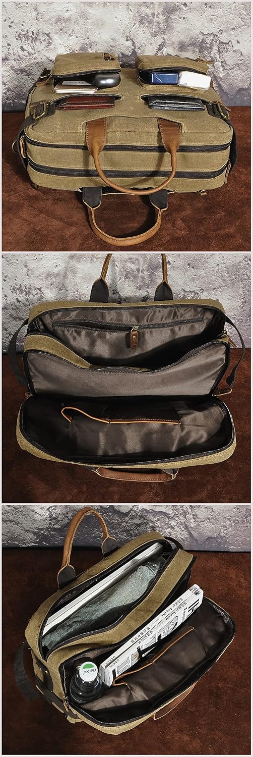 Le'aokuu Mens Canvas & Genuine Leather Waterproof Men Business Briefcase Backpack Travel Shoulder Bag Tote Hand Bag 9911（Brown）