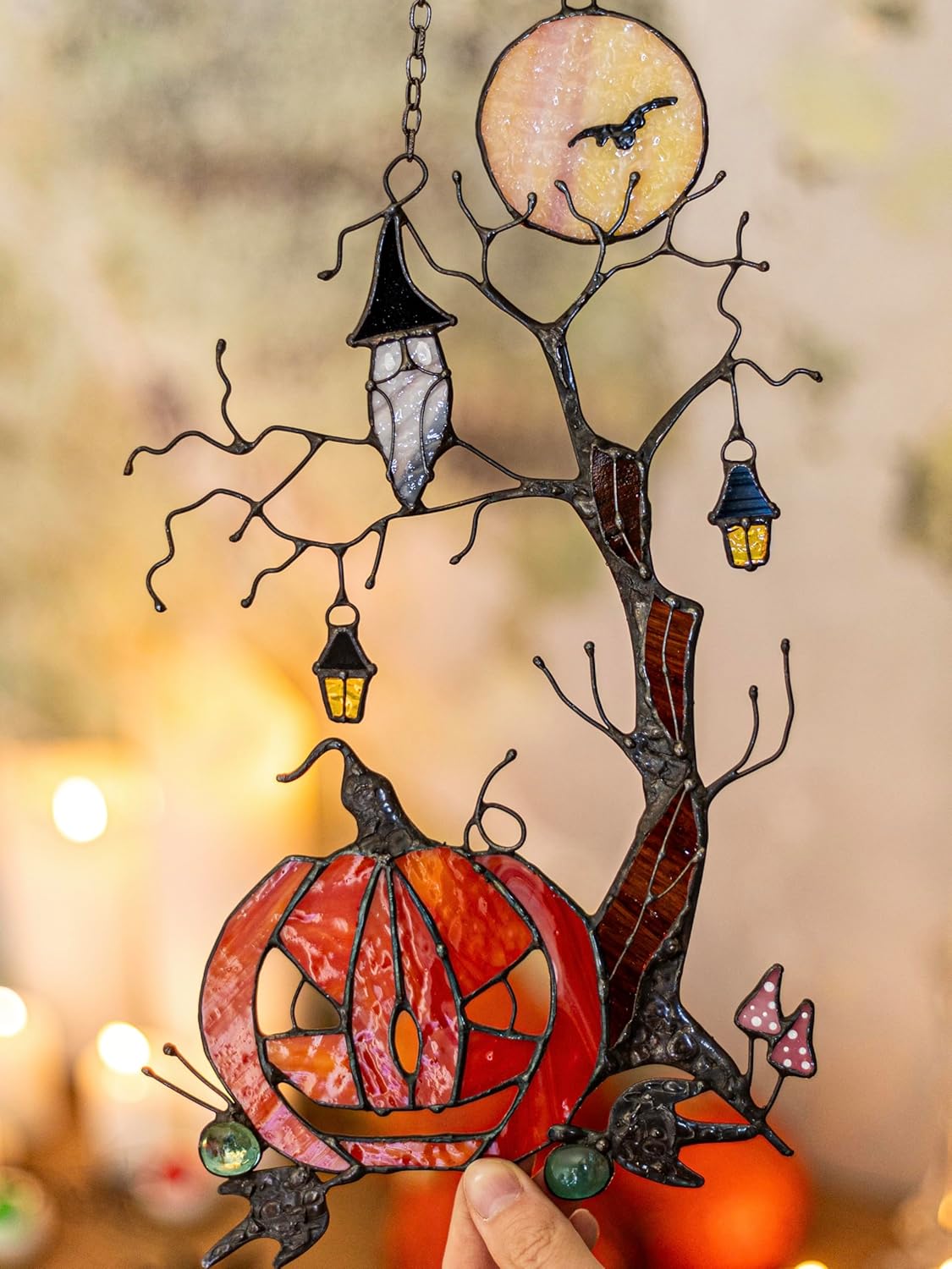 Pumpkin Mystical Tree Stained Glass – Spooky Halloween Sun Catcher - Horror-Themed Home Decor for Window or Wall Hanging - Perfect Witchy Gift - Goth Housewarming Gift
