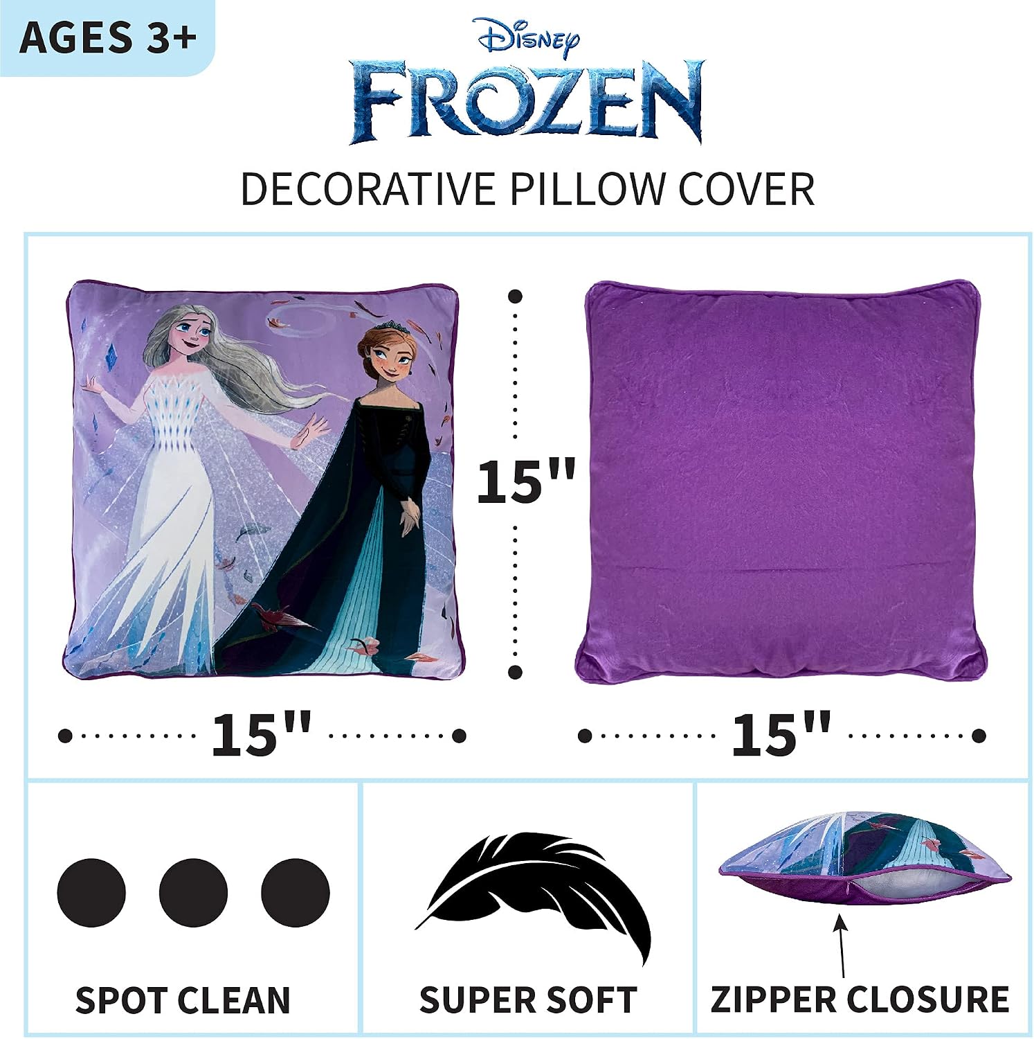 Franco Kids Bedding Soft Decorative Pillow Cover, 15 in x 15 in, Disney Frozen 2