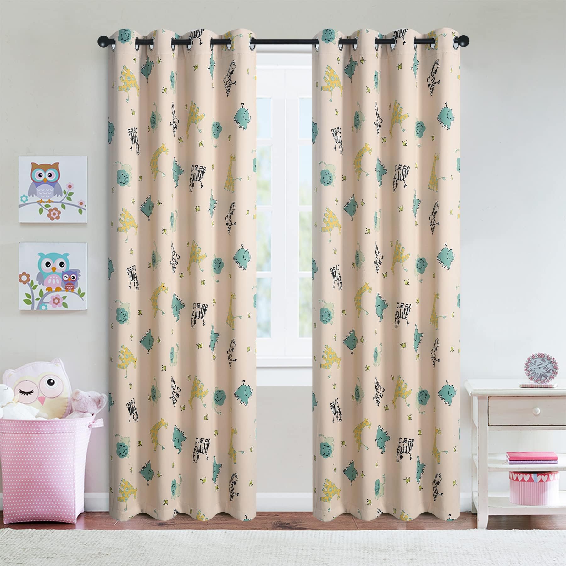 GYROHOME Children Kids Animal Zoo Print Room Darkening Curtain Grommet Top Thermal Insulated Engery Saving Drape Noise Reducing, 2panels,52X63 inch