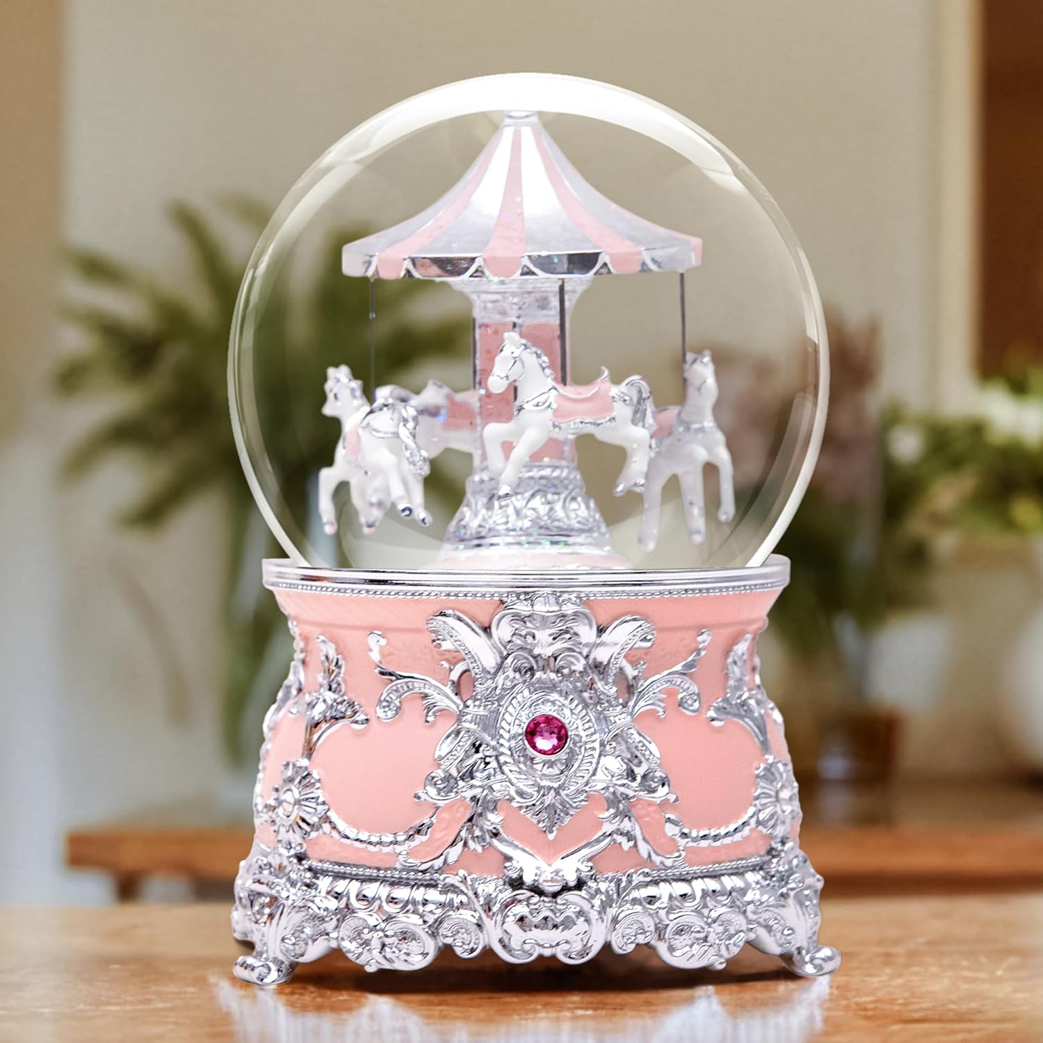 Luxury Silver Carousel Music Box,Carousel Figurine Snow Globe,Elegant Wedding, Romantic Home Décor,Collectible,Anniversary,Birthday, Idea,Plays Castle in The Sky Tune