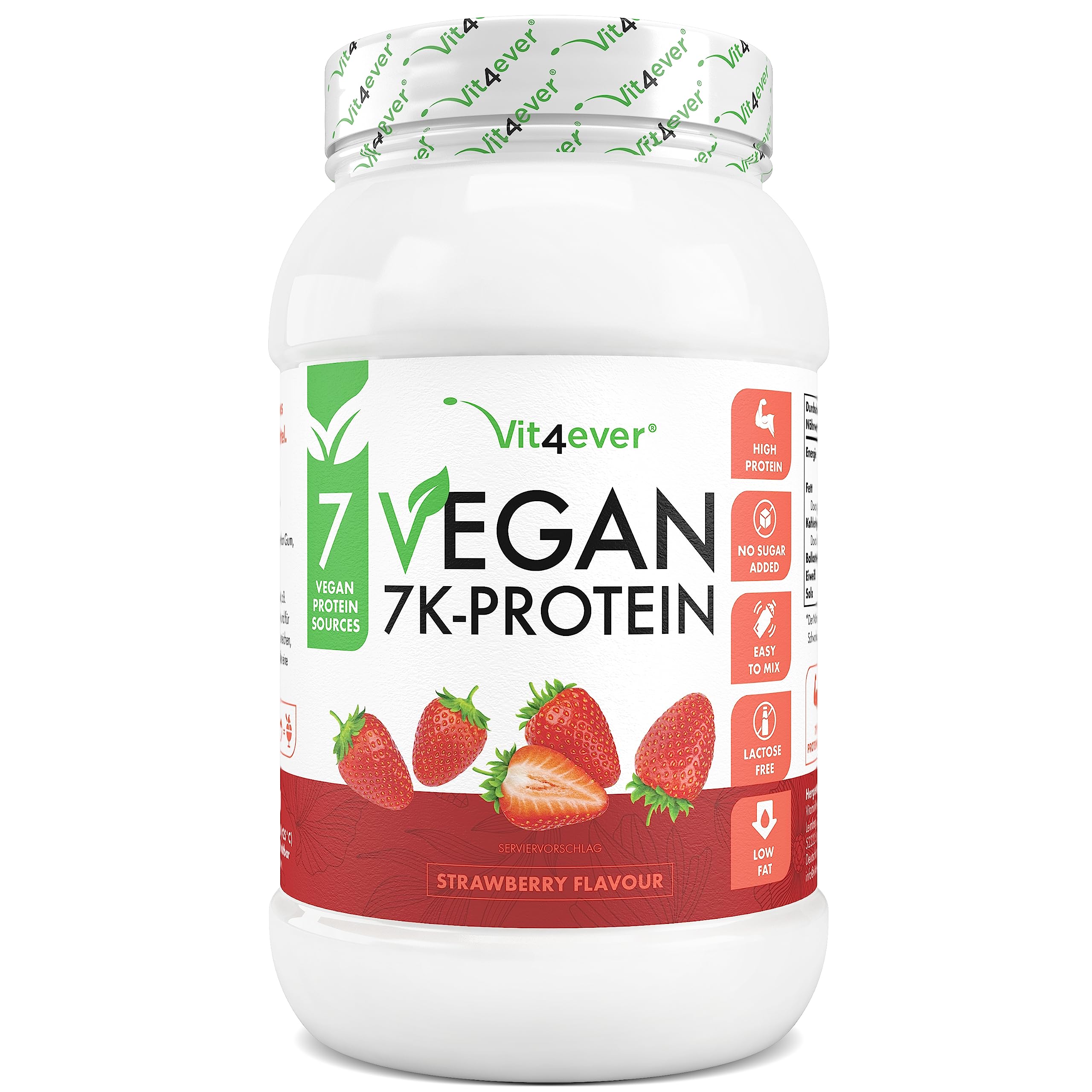 Vegan 7K Proteina – 1 kg – Fragola – Polvere di proteine vegetali pura con riso, mandorle, soia, piselli, canapa, mirtillo, girasole