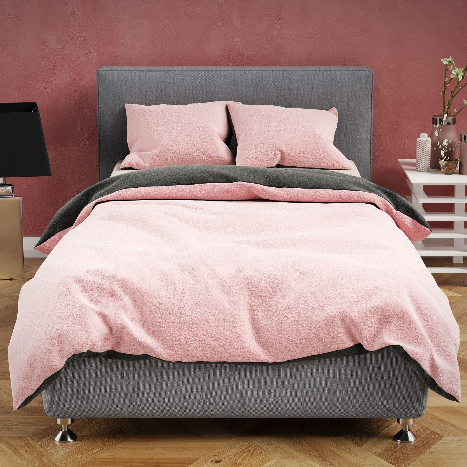 Leonado Vicenti Winter Plüsch Bettwäsche 240x220 cm Premium Cashmere Touch Warme Uni Fleece Bettwaren Bezug Anthrazit Rosa