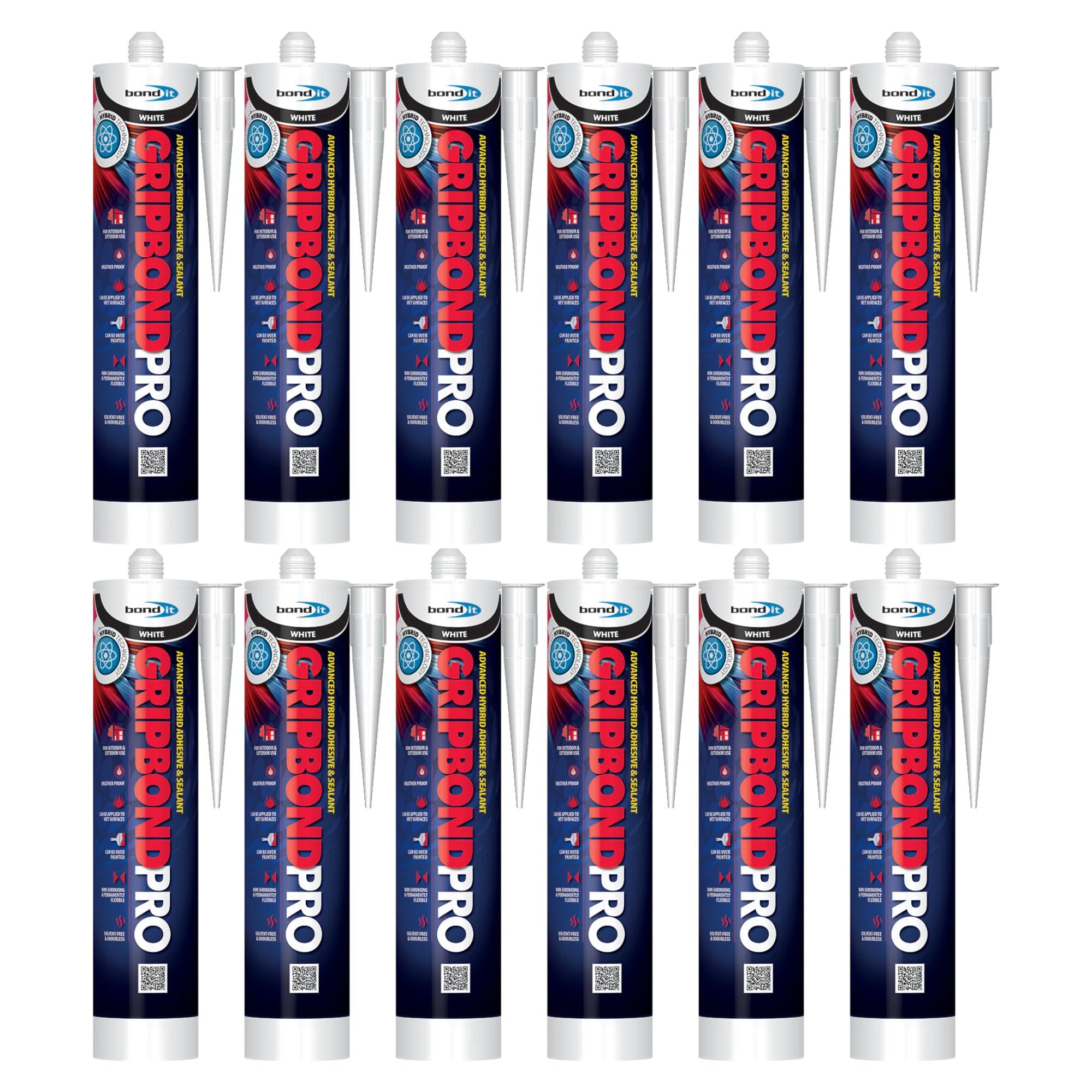 Bond It Gripbond Pro Super Strong Advanced Hybrid Adhesive & Sealant – 12x White, 300ml | Odourless – Non-Shrinking – Rapid Curing | Pro Adhesive OverPaintable – Moist Surface Adhesion Sealant