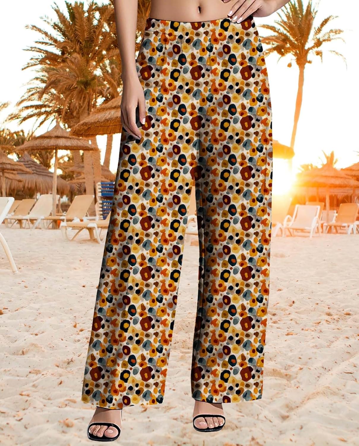 Womens Wide Leg Pants Plus Size High Waisted Pattern Print Lounge Trousers Classic Basic Comfy Work Office Pant - Image 6