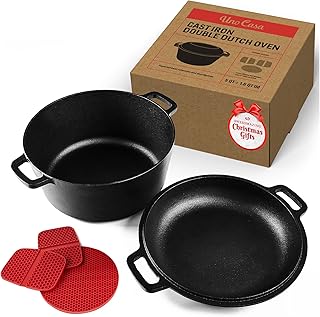 Uno Casa 2in1 Cast Iron Dutch Oven - 5 Quart Dutch Oven Pot with Lid Cast Iron, Pre-Seasoned Cast Iron Dutch Oven 5 Quart ...