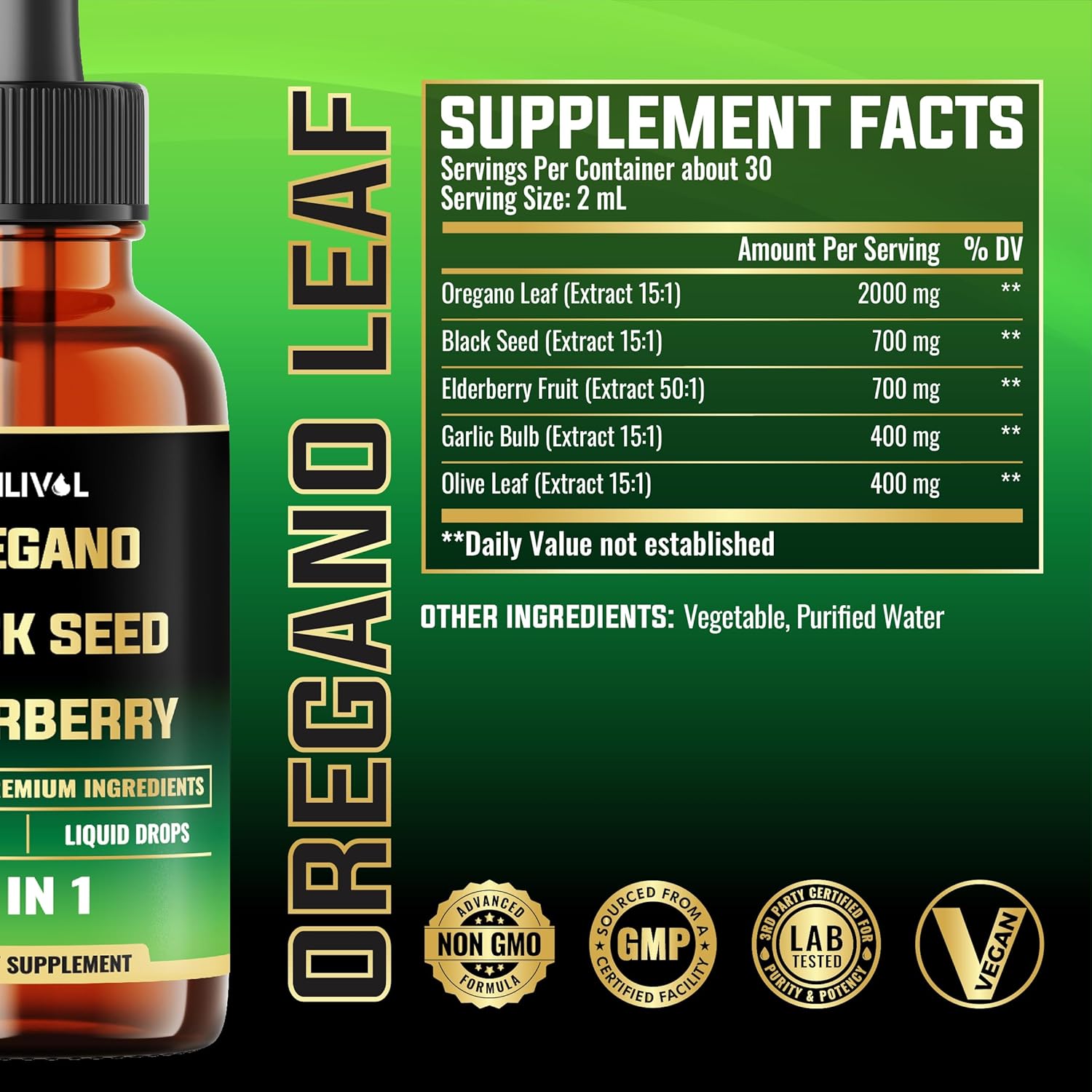 5in1 Oregano Oil Liquid Drops with Black Seed, Elderberry, Garlic, Olive Leaf - Wellness Support Supplement - 2 Fl Oz - Image 2