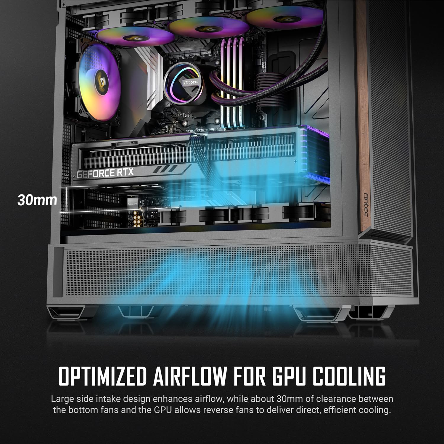 Diagram showing optimized airflow for GPU cooling with bottom fans in the Antec P30 ARGB case.