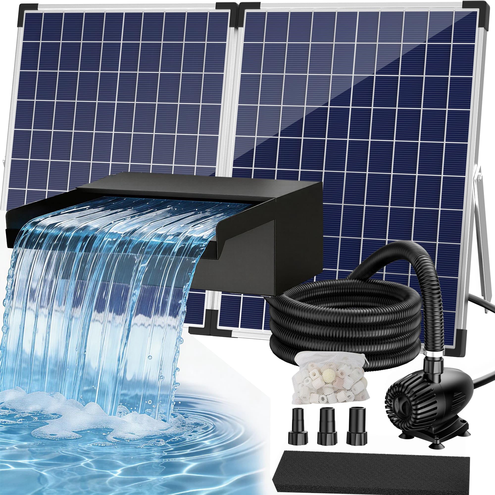 Biling 70W Set completo di cascata solare in acciaio inox con pompa e filtro 2500L/H lama a cascata da 32 cm per laghetto da giardino, laghetto per pesci rossi, laghetto per pesci ornamentali, giochi