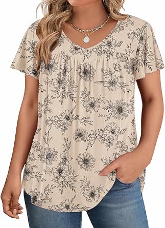 Plus Size Women's Ruffle Sleeve Tunic Top V-Neck Summer Floral Blouse