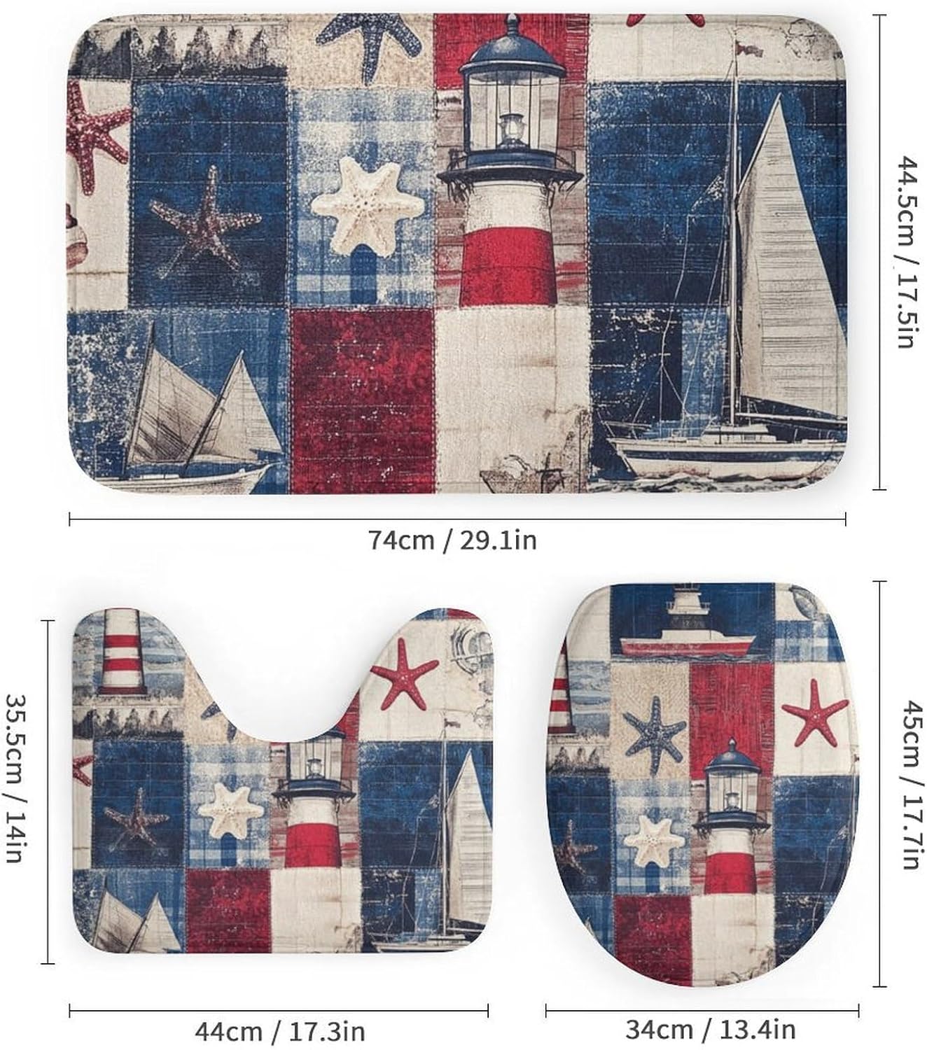 4Pcs Abstract Sea Lighthouse Shower Curtain Sets with Rugs, Toilet Lid Cover and Bath Mat, Coastal Starfish Nautical Sailboat Bathroom Shower Curtains Set with 12 Hooks