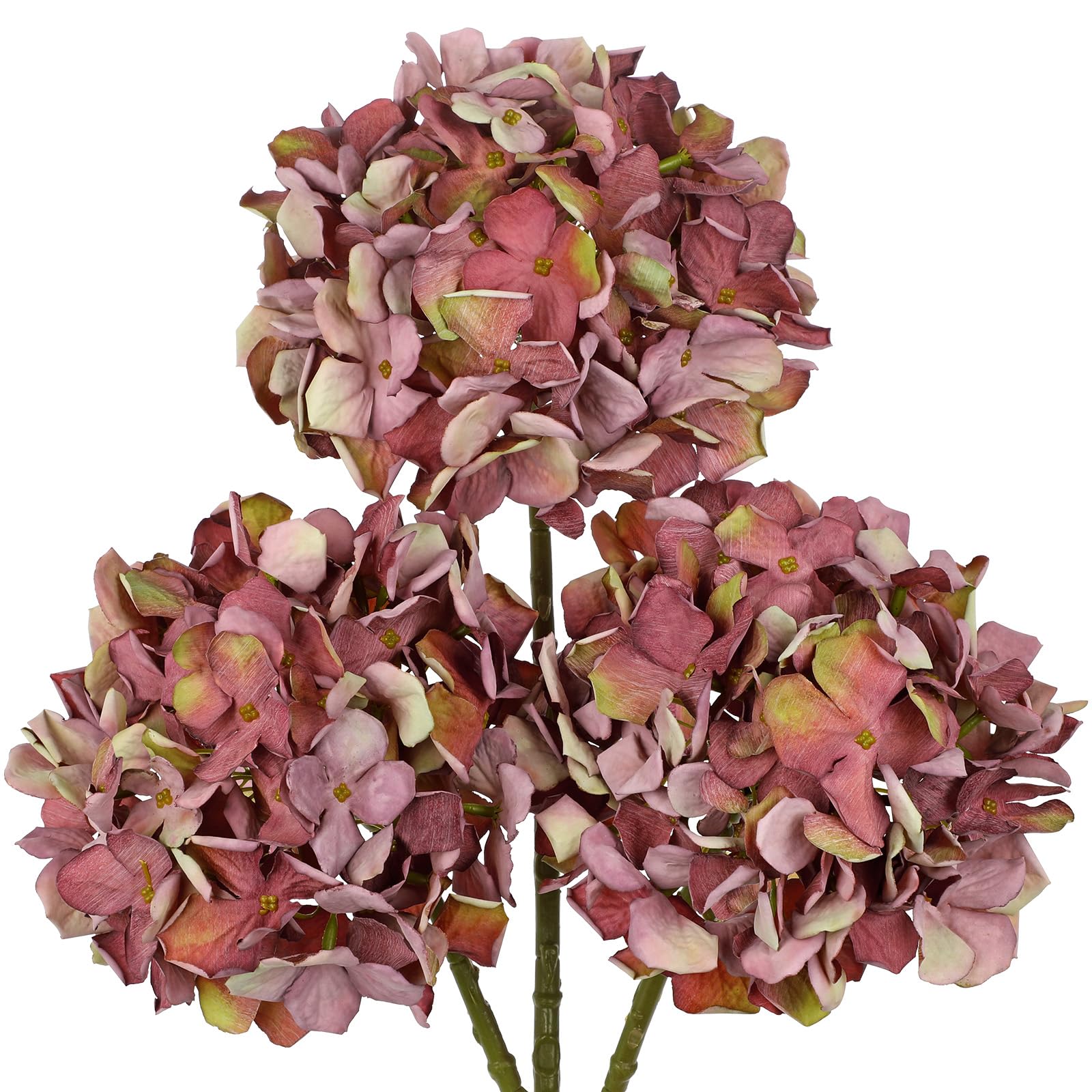 Oairse Dusky Rose Hydrangea Artificial Flowers, 19.6in Dried Textured Silk Hydrangea Flowers with Stems 3 Pcs Fake Flower Bouquet Faux Floral Stems Artificial Flower Bulk for Table Wedding Home Decor