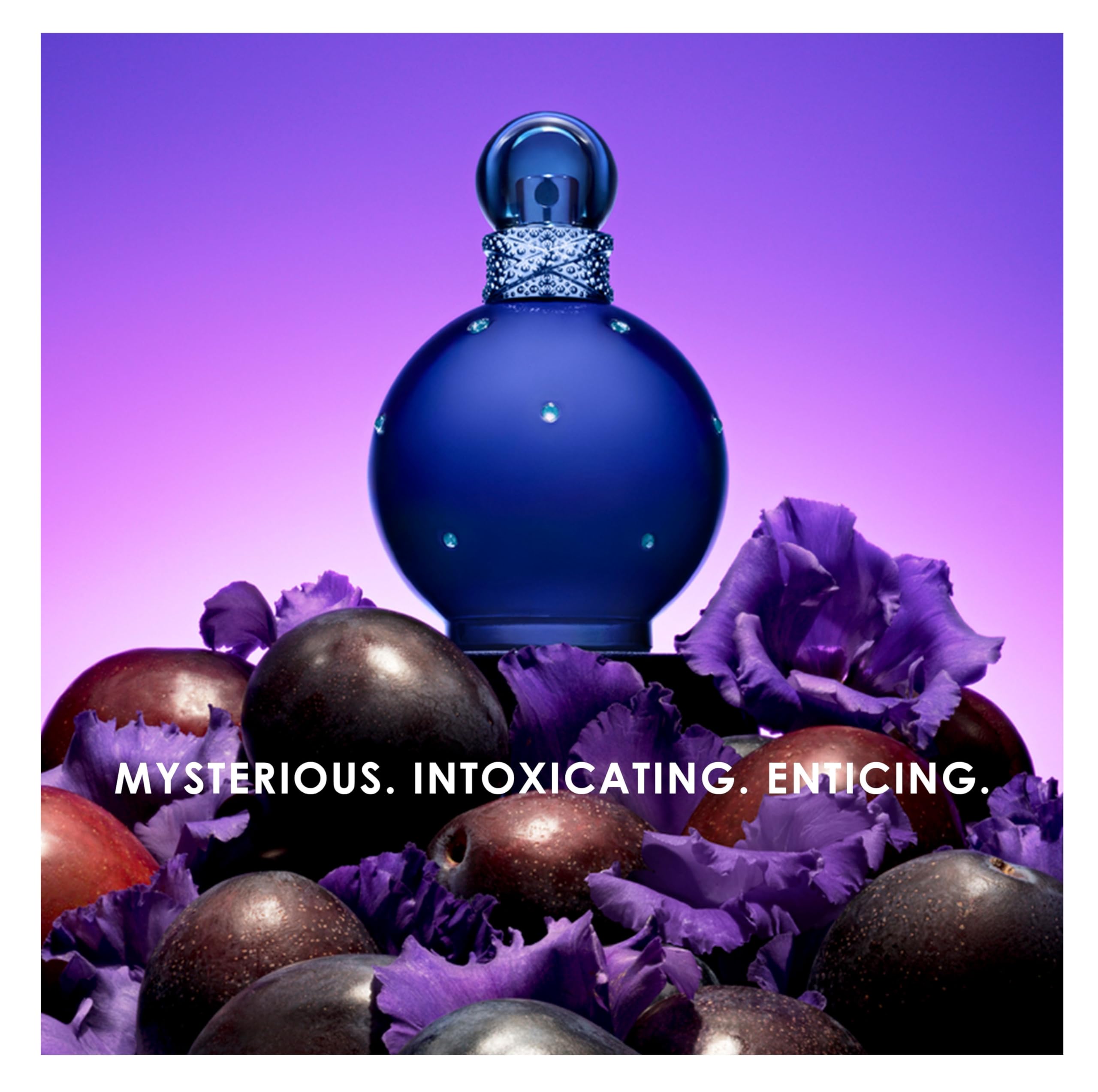 Britney Spears Midnight Fantasy 100 ml, Eau de Parfum para Mujer | Fragancia Floral Ambarina y Afrutada, Notas de Ciruela Exótica, Iris Aterciopelado y Ámbar, Frasco de Vidrio Azul Medianoche