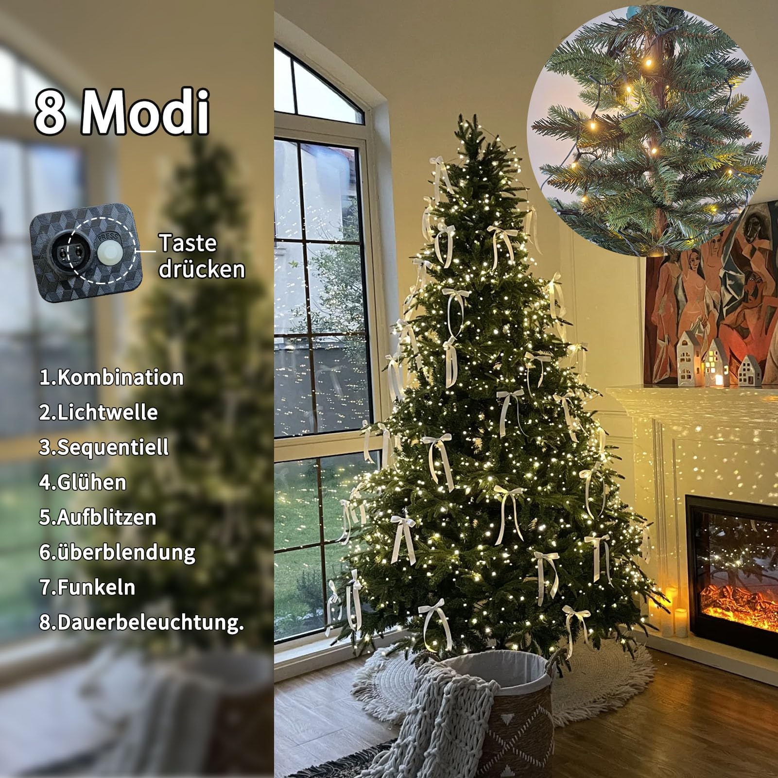 Weihnachtsbaum Lichterkette 400 LED Christbaumbeleuchtung Mit Ring & 16 Strängen – Für Bäume Von 1,5–2,4 M, Warmweiß, 8 Modi, Timer, IP44, Innen & Außen
