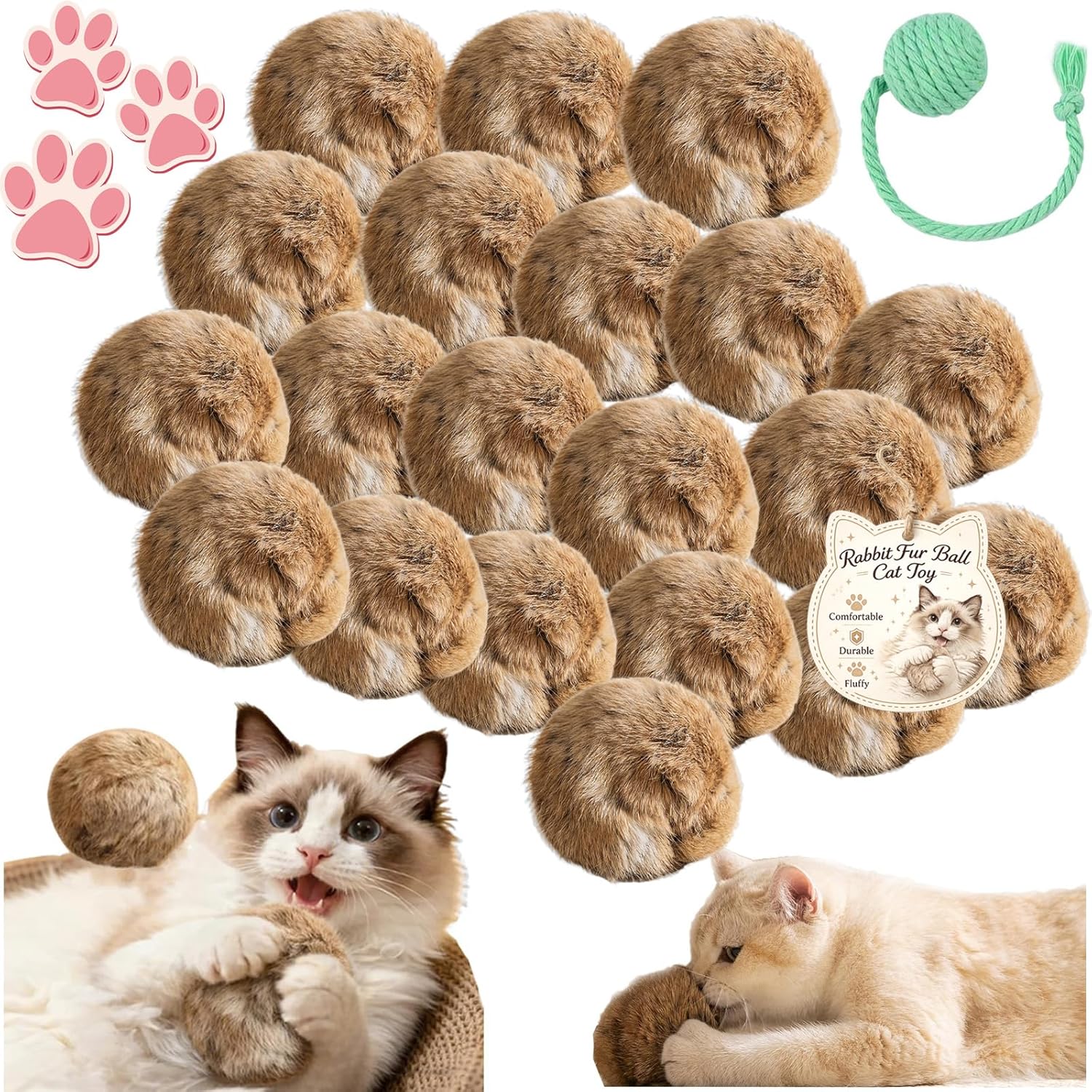 Rabbit Fur Ball Cat Toy, 3.9in Fuzzy Rabbit Fur Balls for Cats with Catnip, Interactive Fluffy Cat Toy Ball, Furry Catnip Toy Balls - Soft, Washable & Fun to Chase for Exercise Bonding (20pcs)