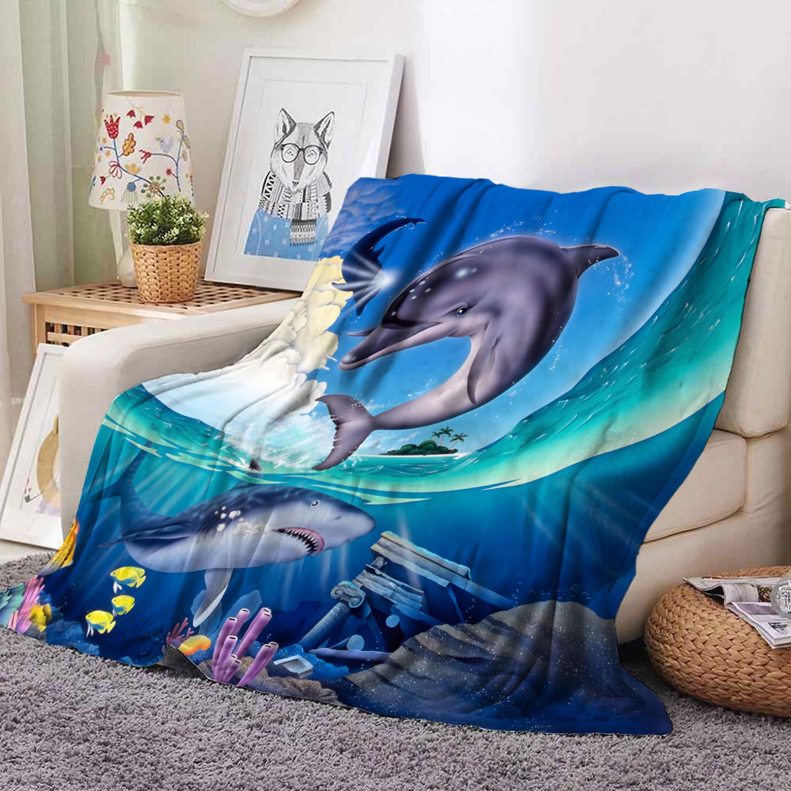 Couverture Dauphin 150x200 cm, Couverture en Flanelle avec Animaux Marins pour Enfants Garçon Fille, Couverture en Polaire d'Animaux Marins de l'Océan, Couverture Douillette, Couvre-canapé