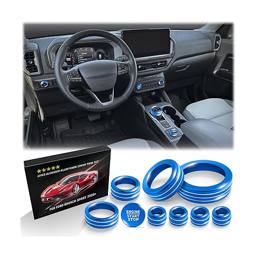 Polodunn for 2025 Ford Bronco Sport Accessories (No fits Bronco), 9pcs Aluminum Alloy Knob Cover Trim Kit - Push Start, Air Vents, Volume, Headlight, Gear Shift & Mode Switch (Blue)